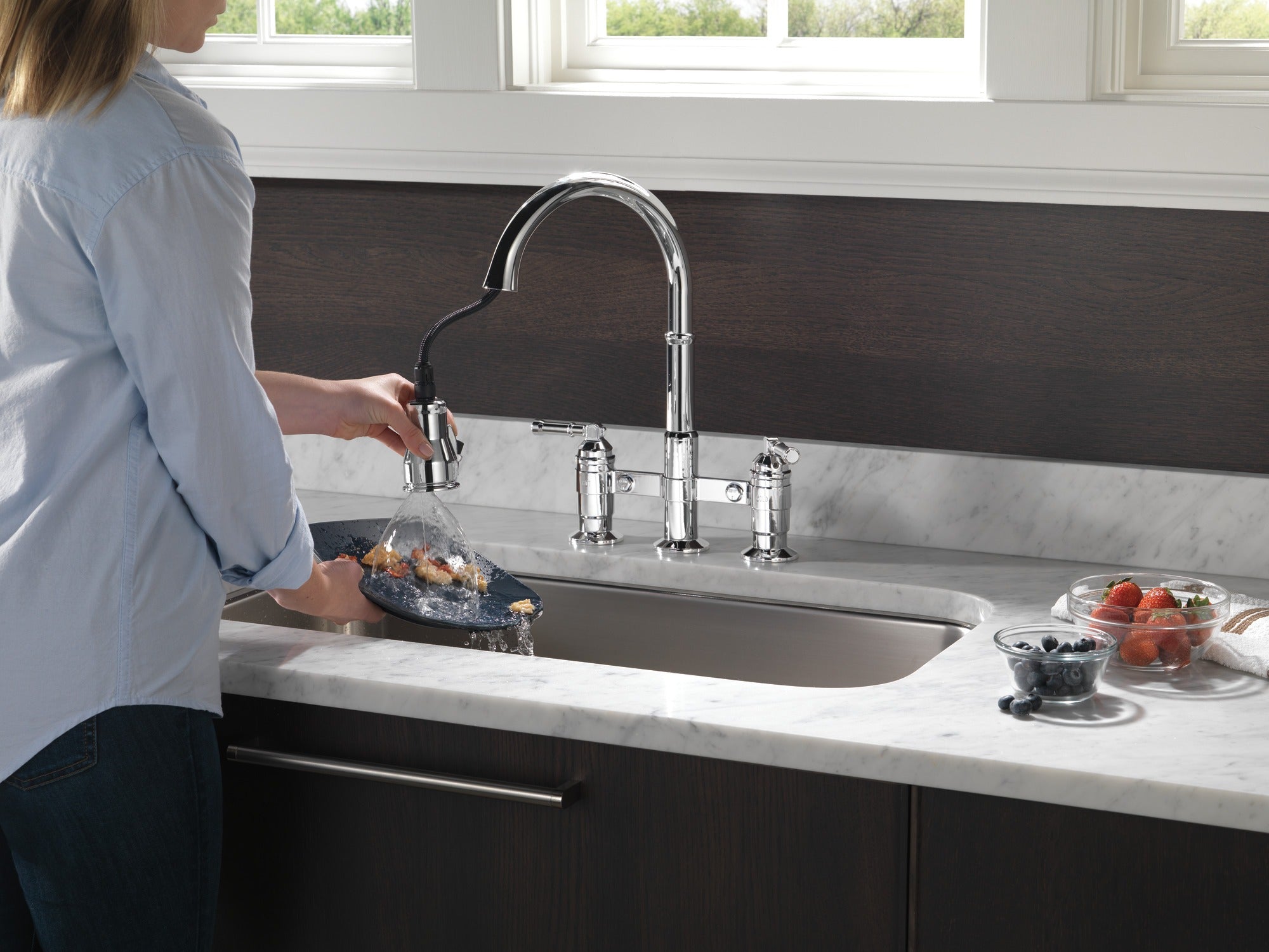 Delta Broderick® Two Handle Pull-Down Bridge Kitchen Faucet