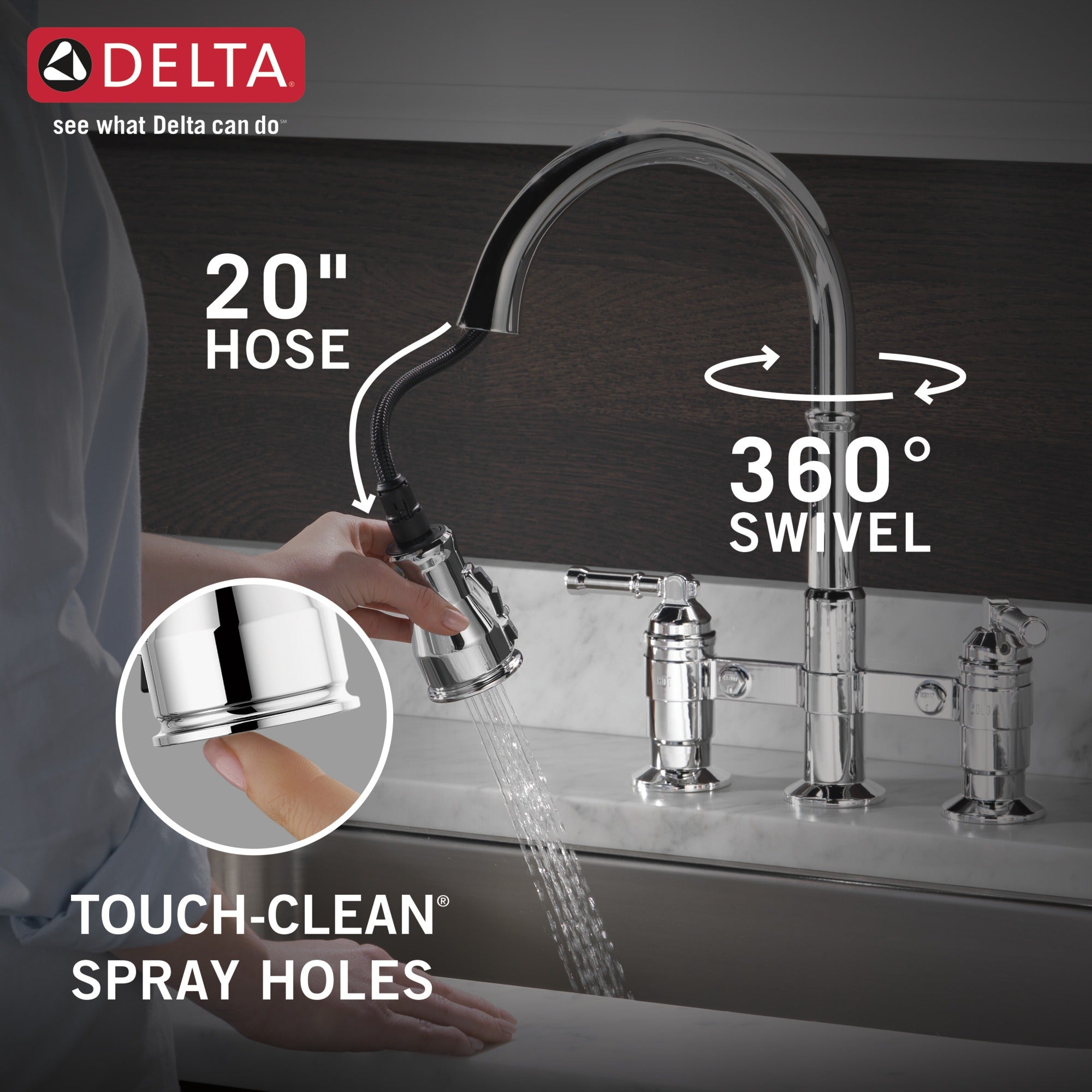 Delta Broderick® Two Handle Pull-Down Bridge Kitchen Faucet