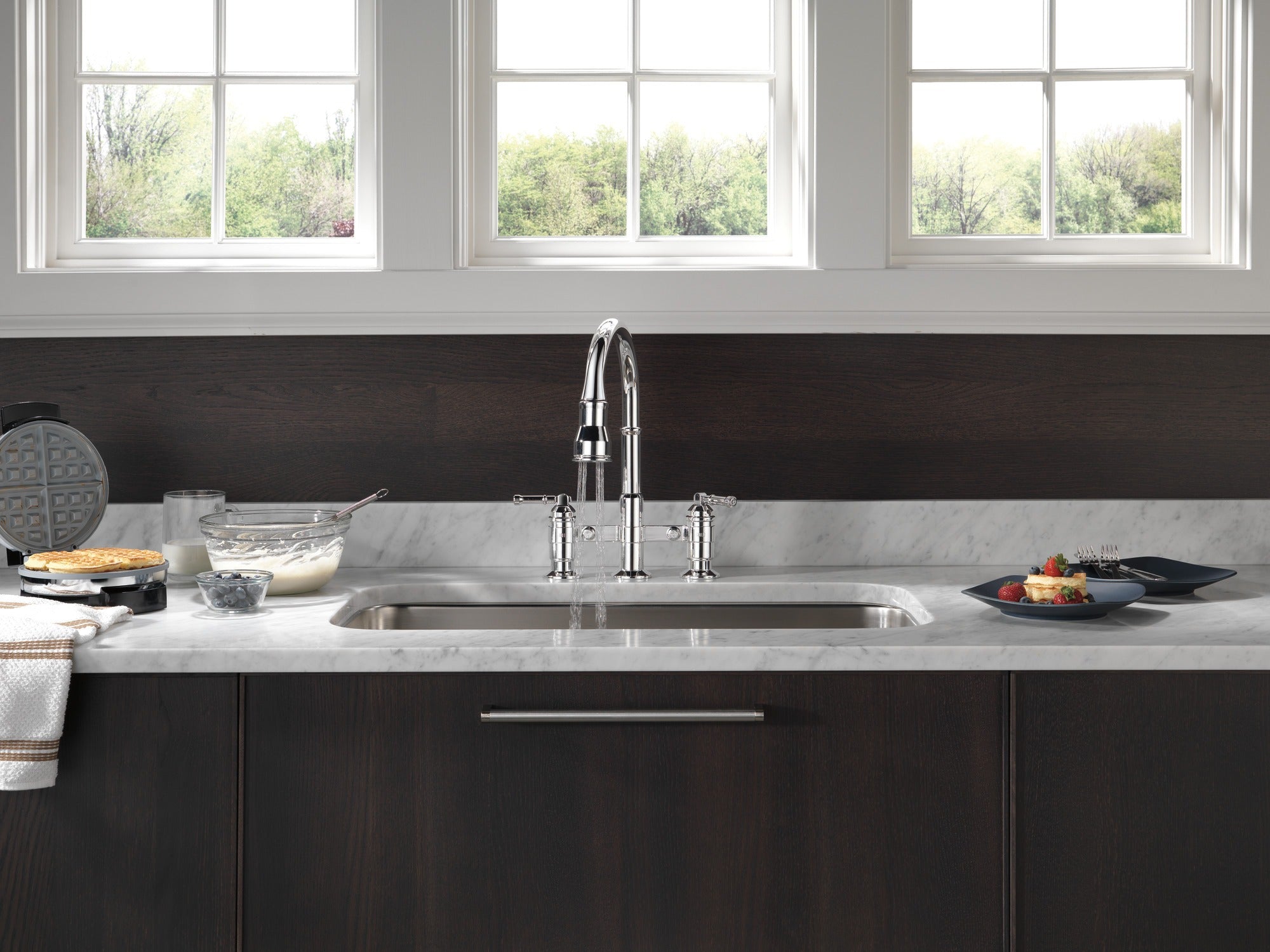 Delta Broderick® Two Handle Pull-Down Bridge Kitchen Faucet