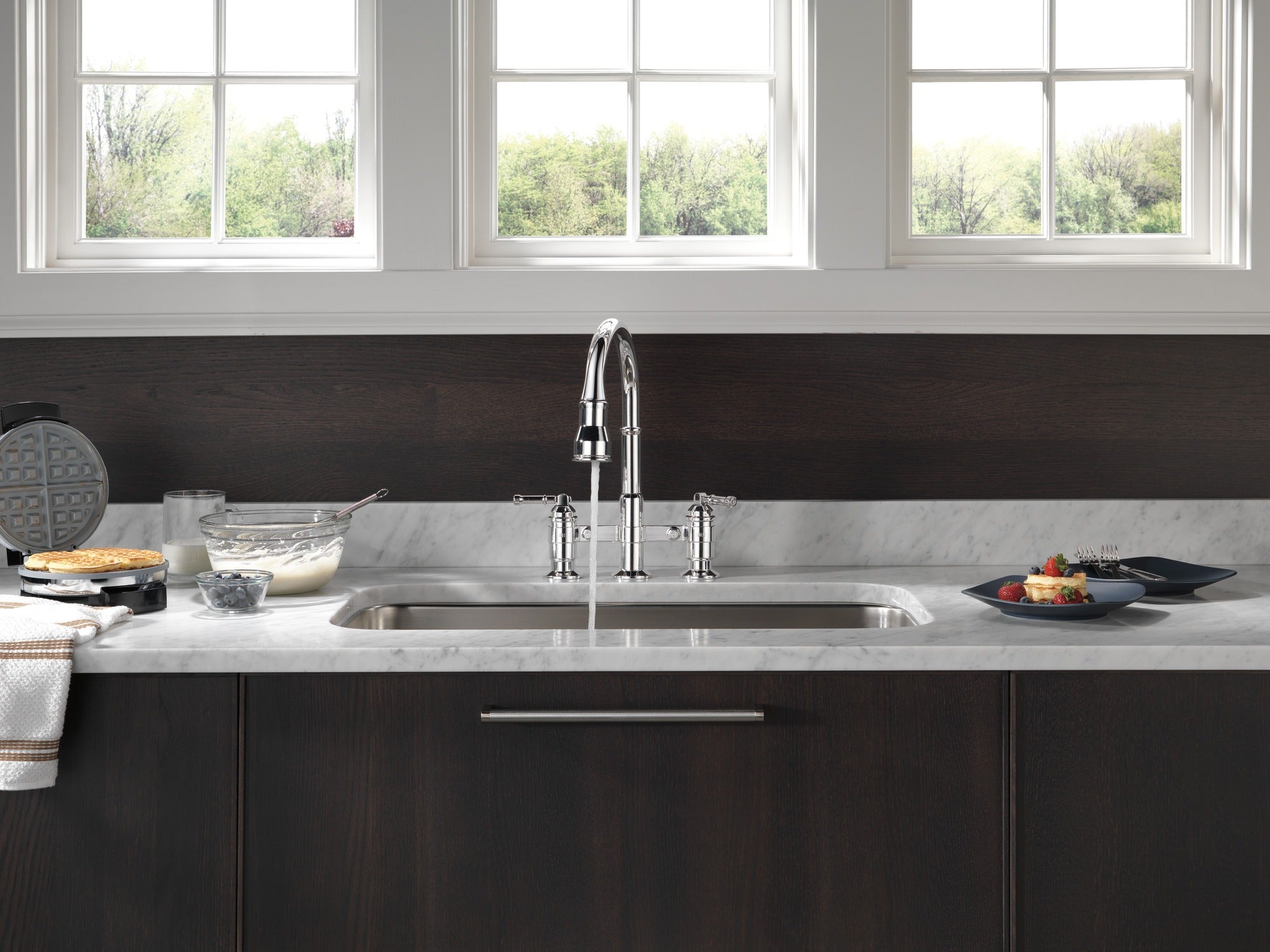 Delta Broderick® Two Handle Pull-Down Bridge Kitchen Faucet
