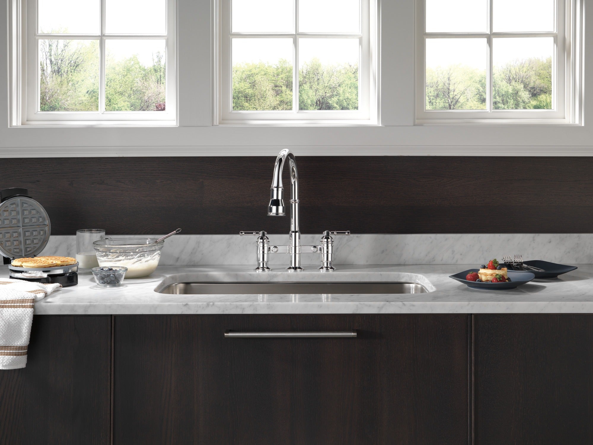 Delta Broderick® Two Handle Pull-Down Bridge Kitchen Faucet