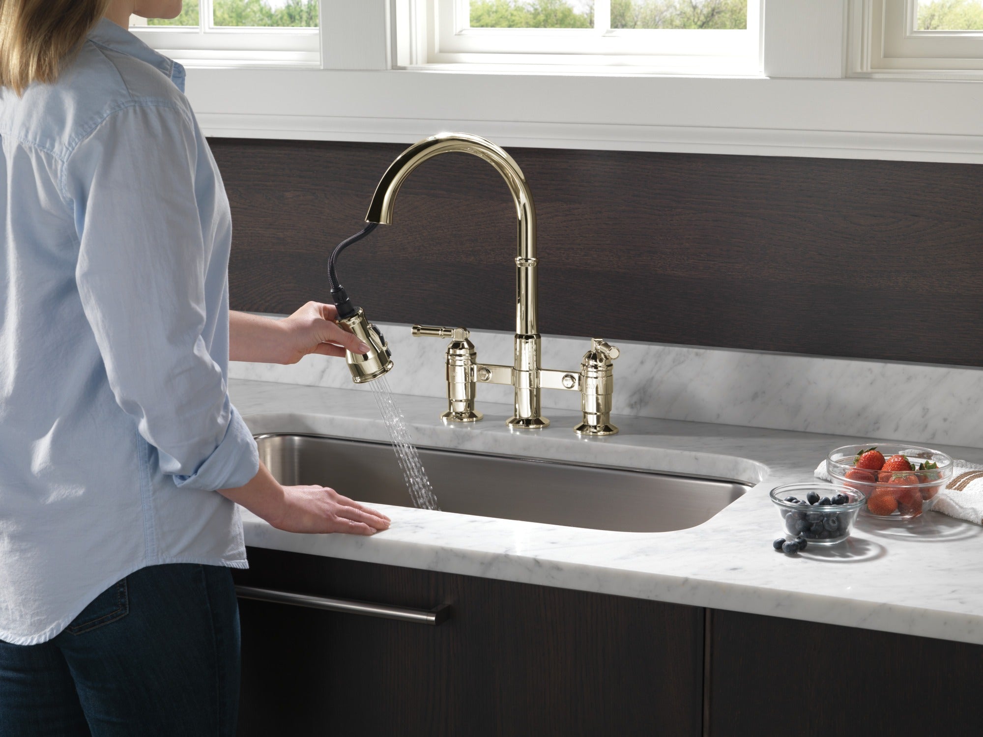 Delta Broderick® Two Handle Pull-Down Bridge Kitchen Faucet