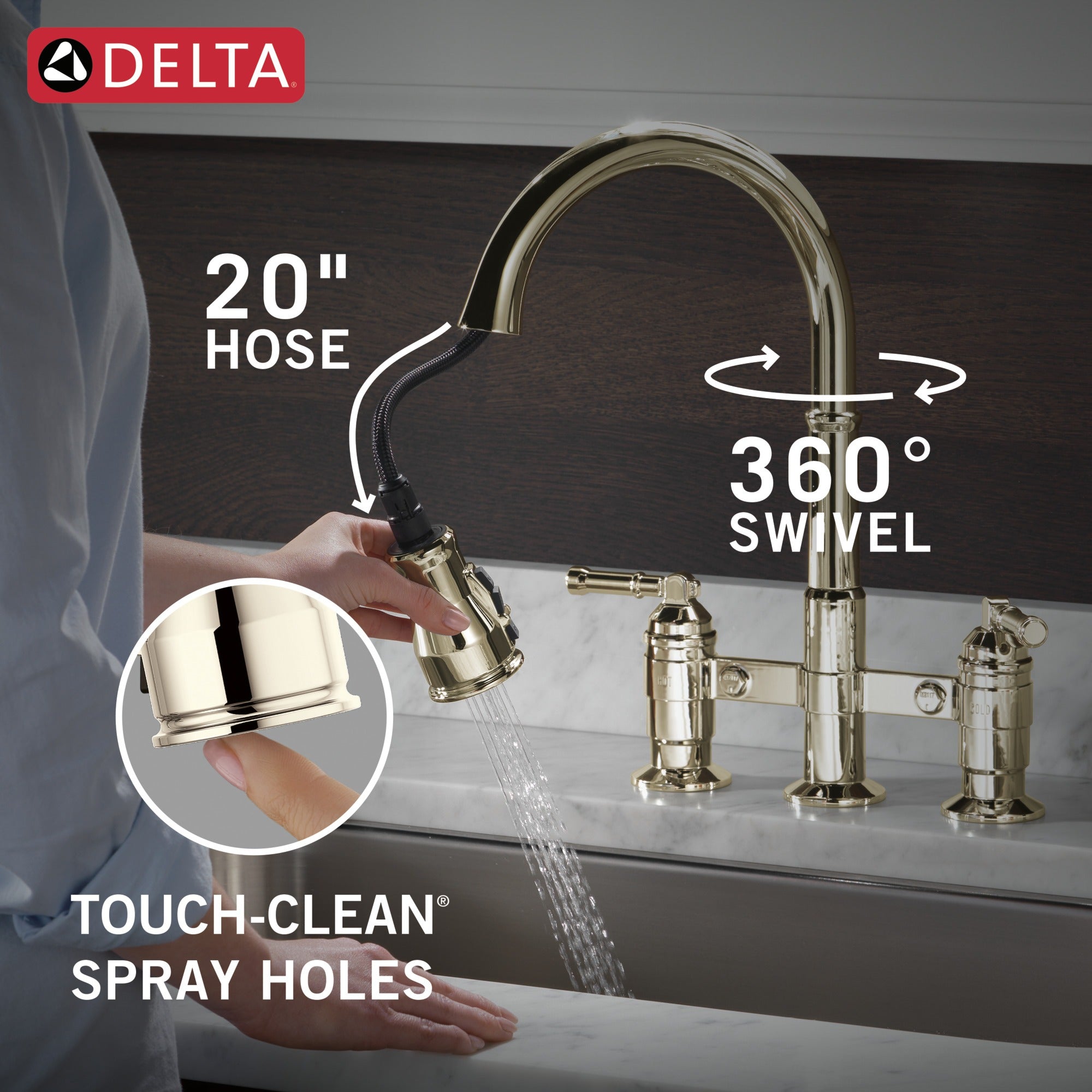 Delta Broderick® Two Handle Pull-Down Bridge Kitchen Faucet