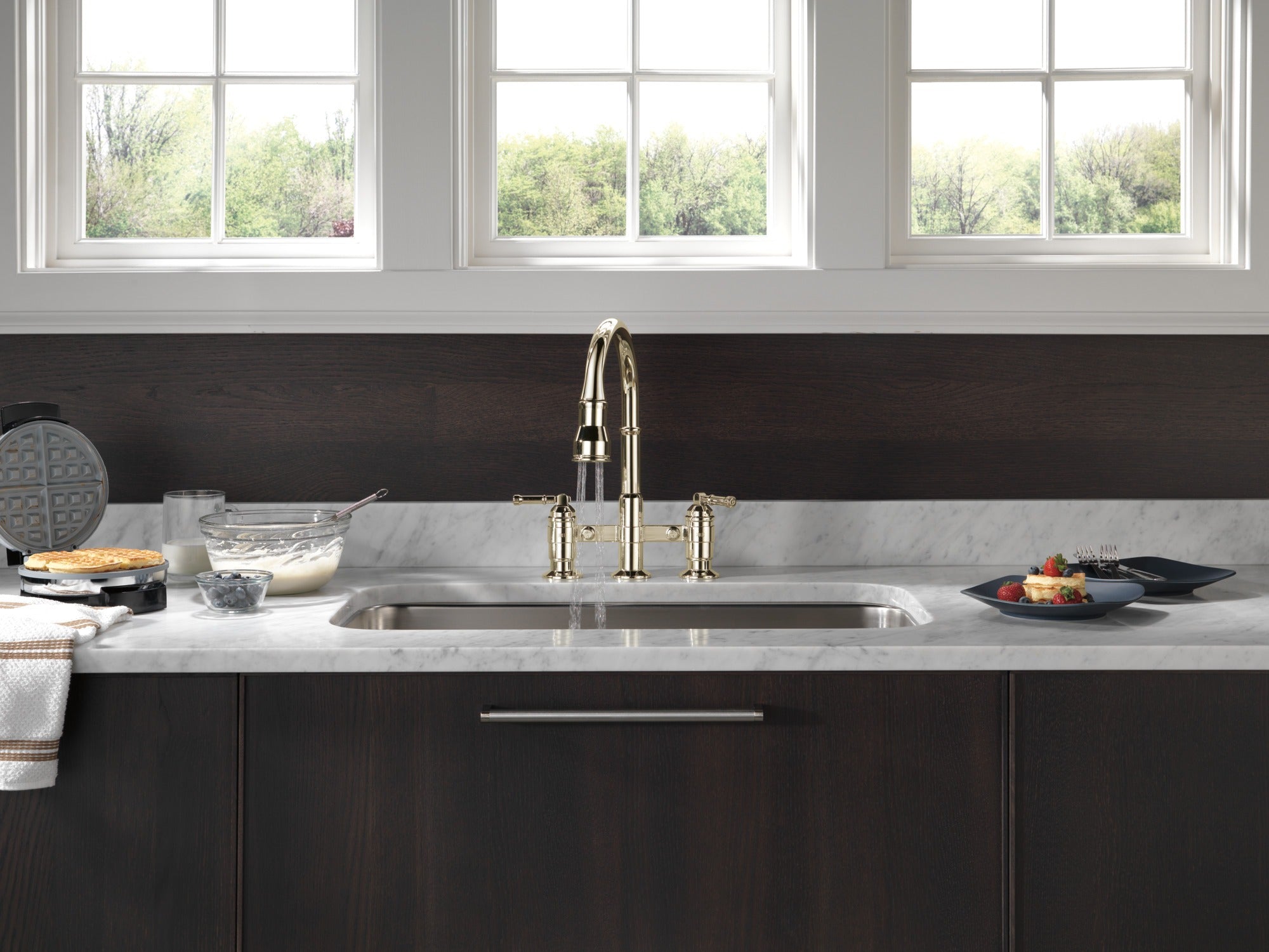 Delta Broderick® Two Handle Pull-Down Bridge Kitchen Faucet