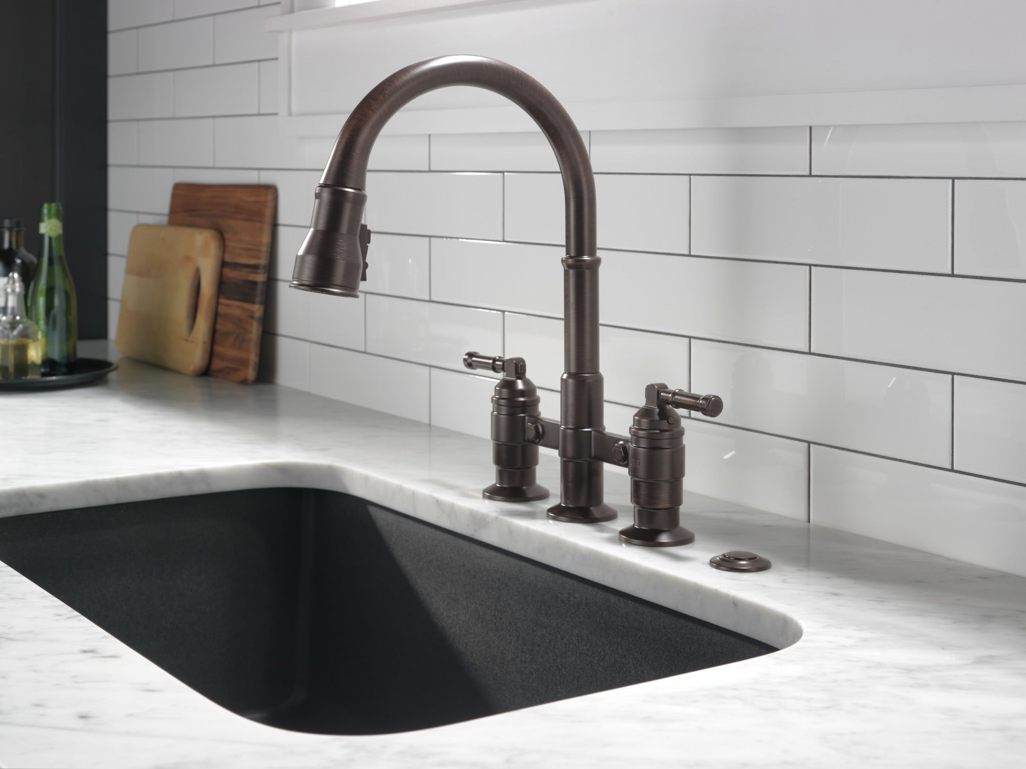 Delta Broderick® Two Handle Pull-Down Bridge Kitchen Faucet
