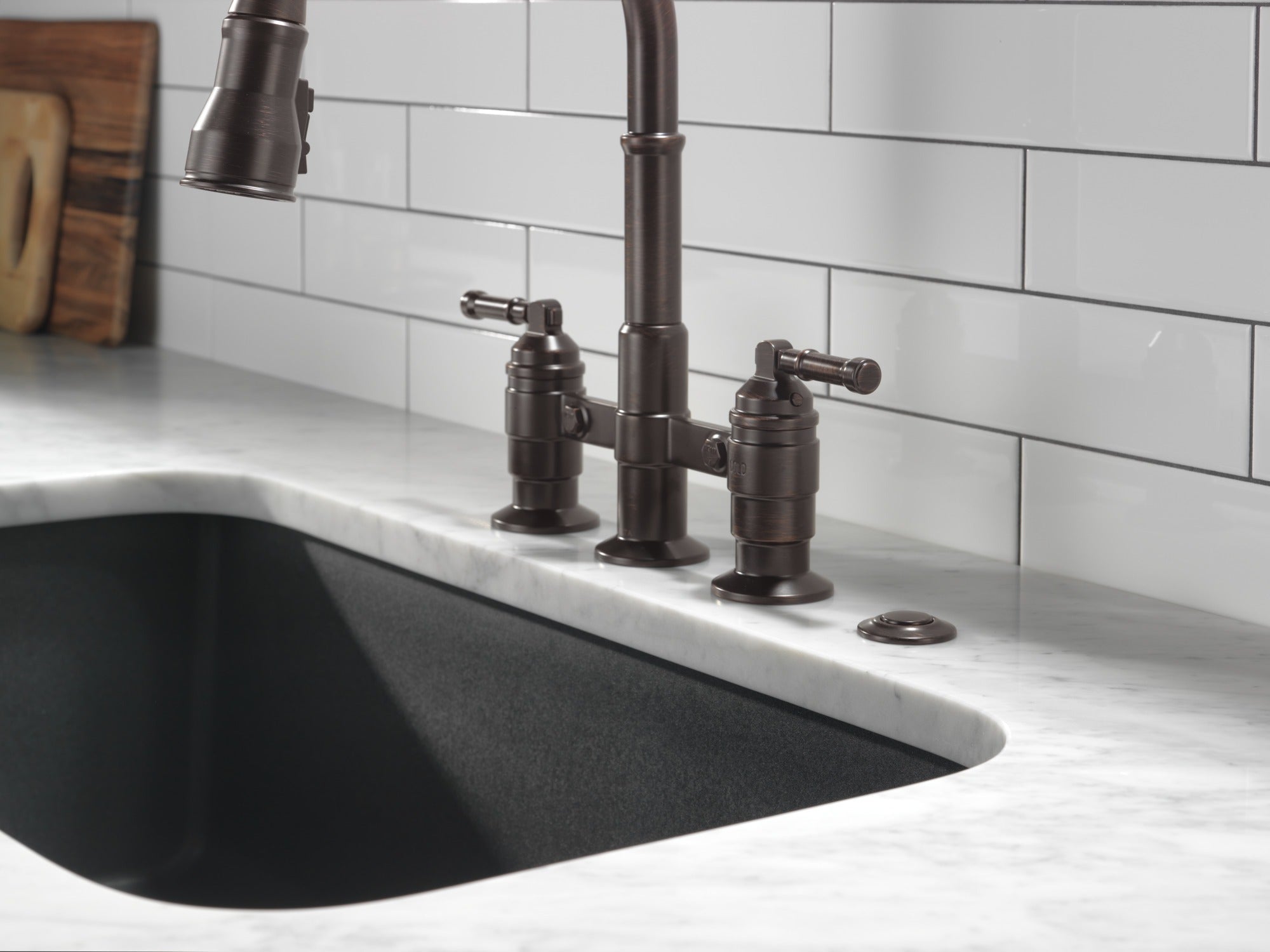 Delta Broderick® Two Handle Pull-Down Bridge Kitchen Faucet