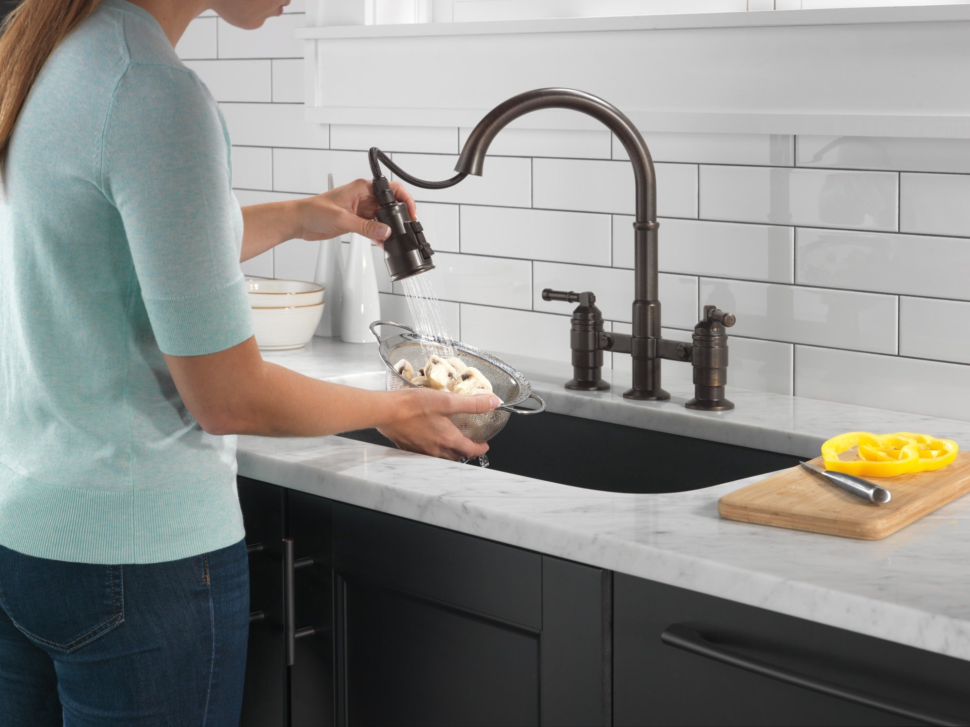 Delta Broderick® Two Handle Pull-Down Bridge Kitchen Faucet