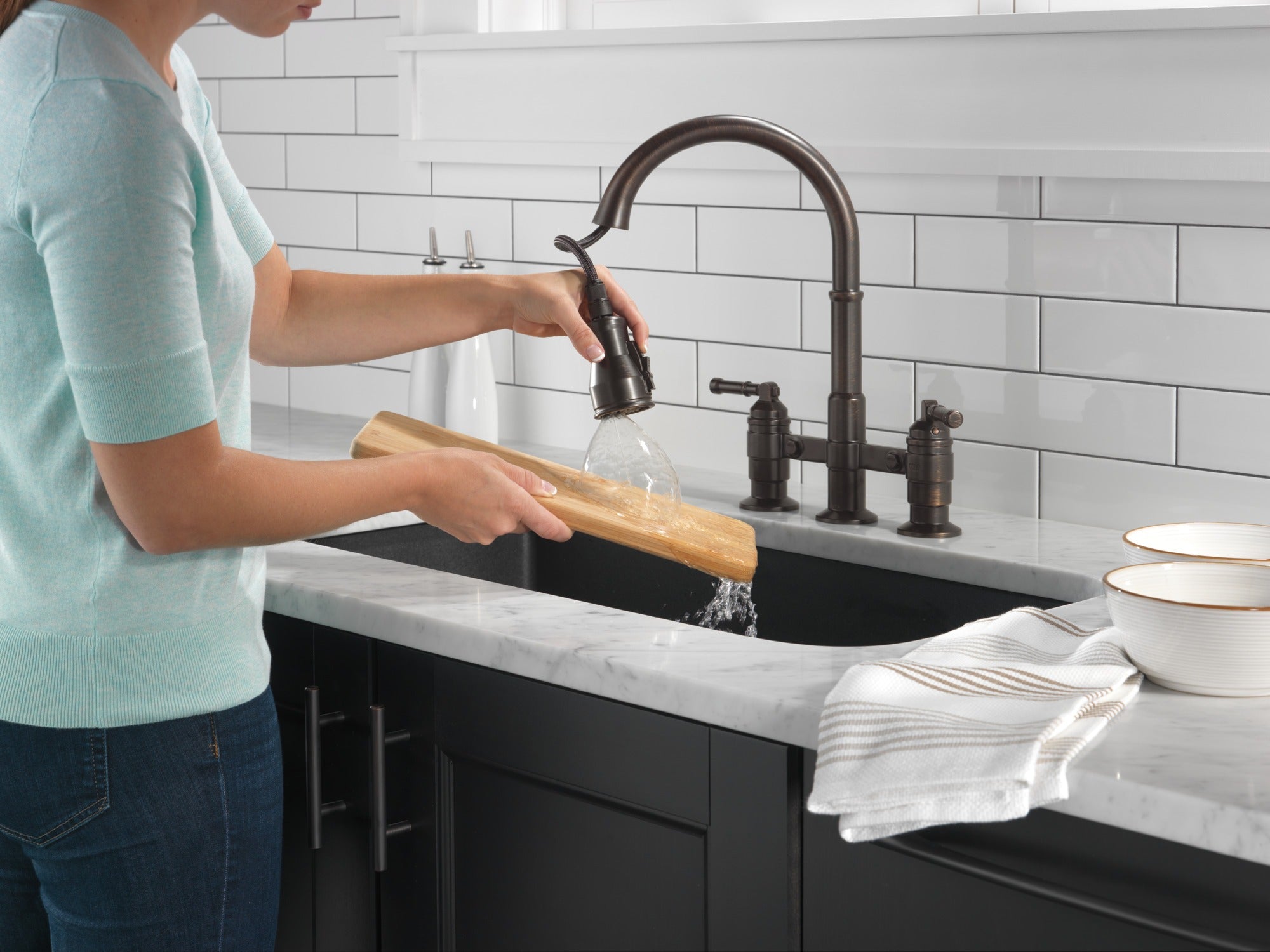 Delta Broderick® Two Handle Pull-Down Bridge Kitchen Faucet