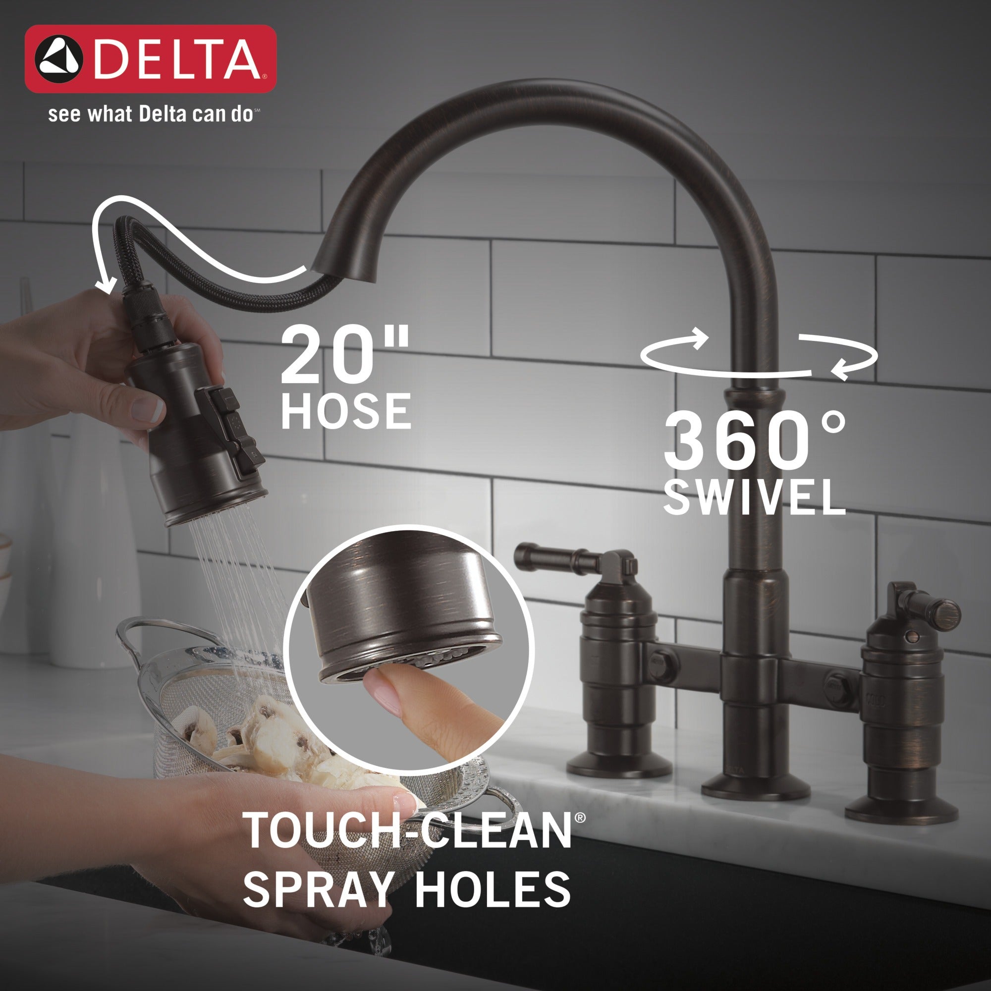 Delta Broderick® Two Handle Pull-Down Bridge Kitchen Faucet