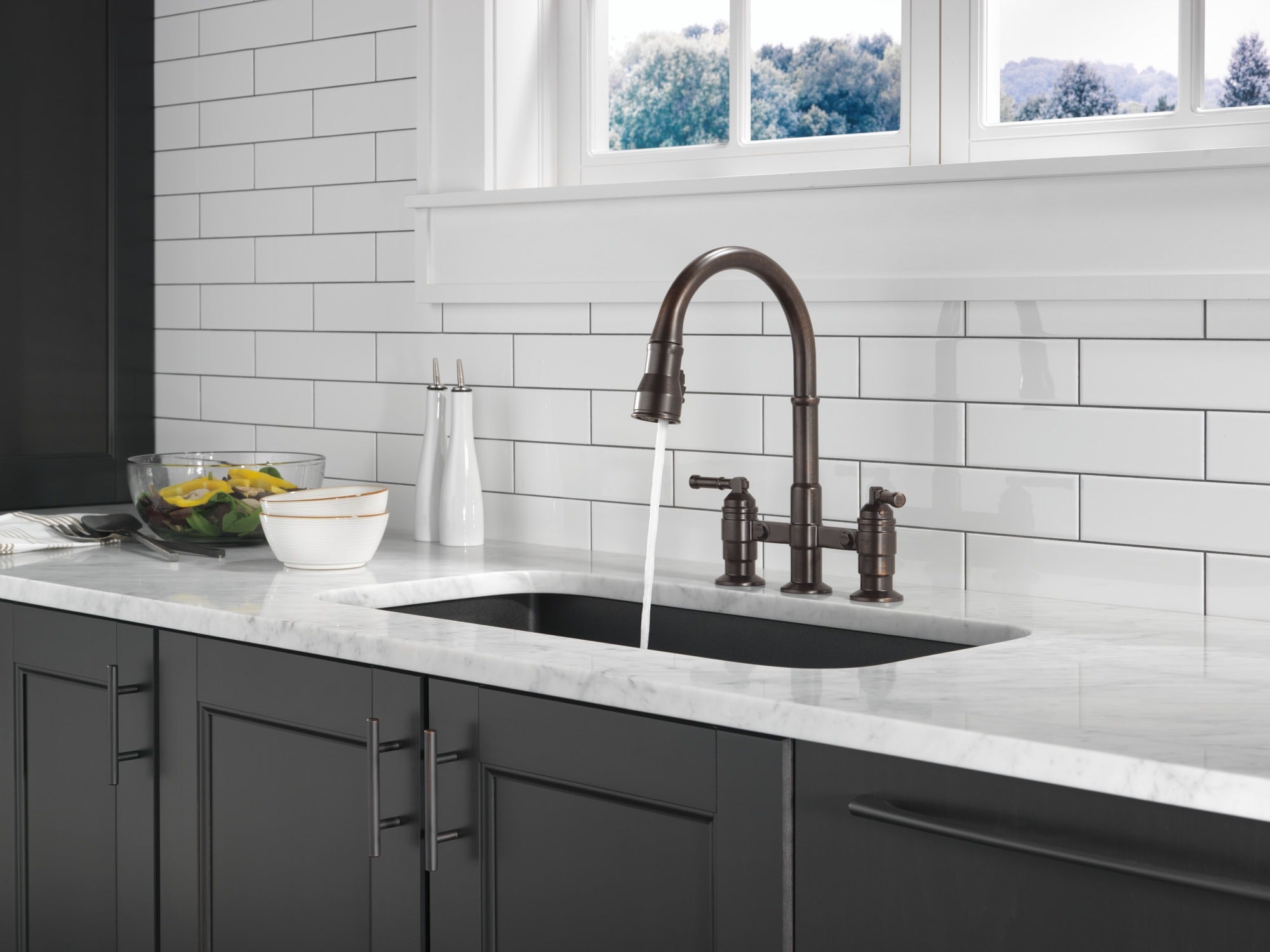 Delta Broderick® Two Handle Pull-Down Bridge Kitchen Faucet
