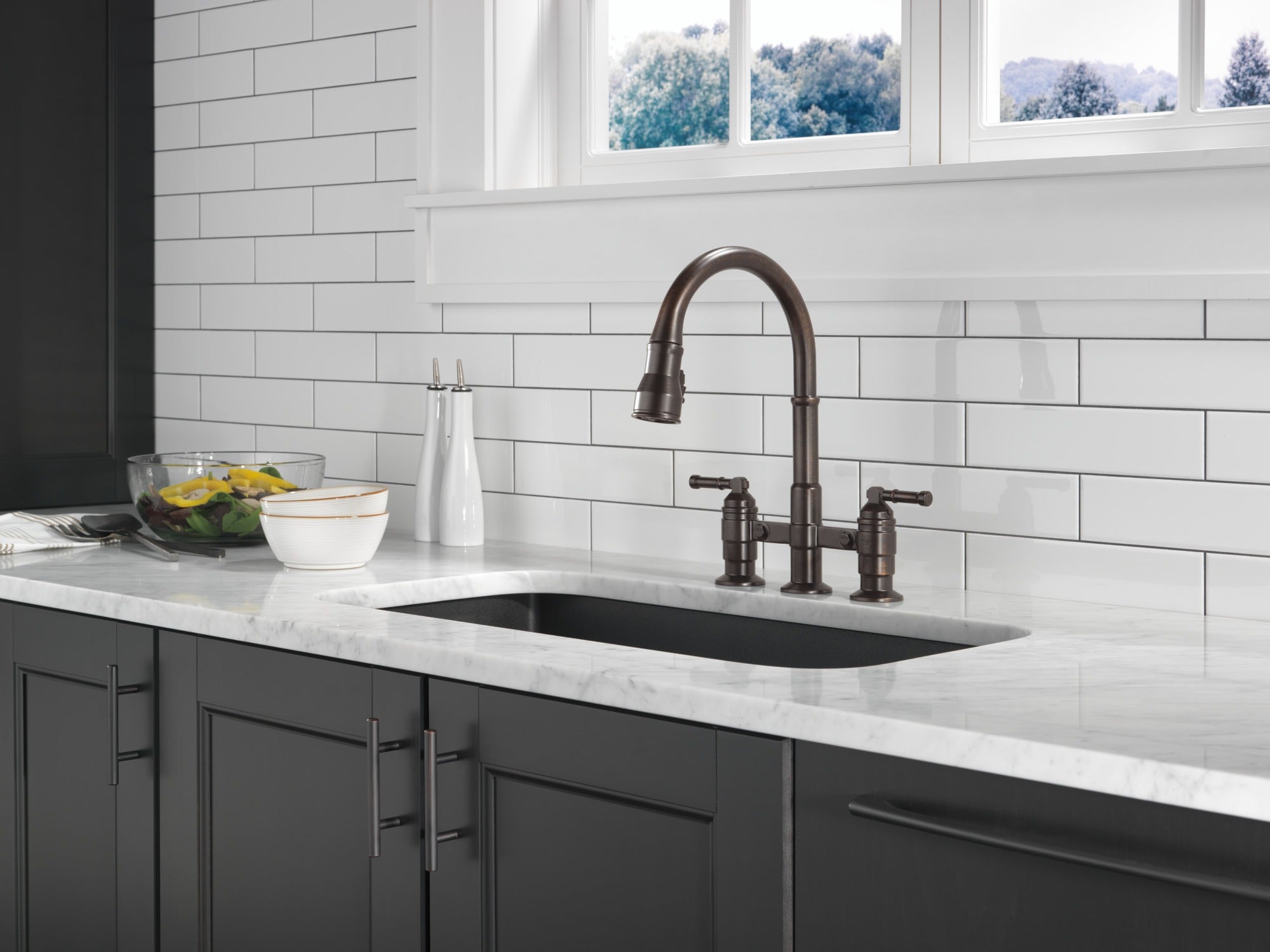 Delta Broderick® Two Handle Pull-Down Bridge Kitchen Faucet