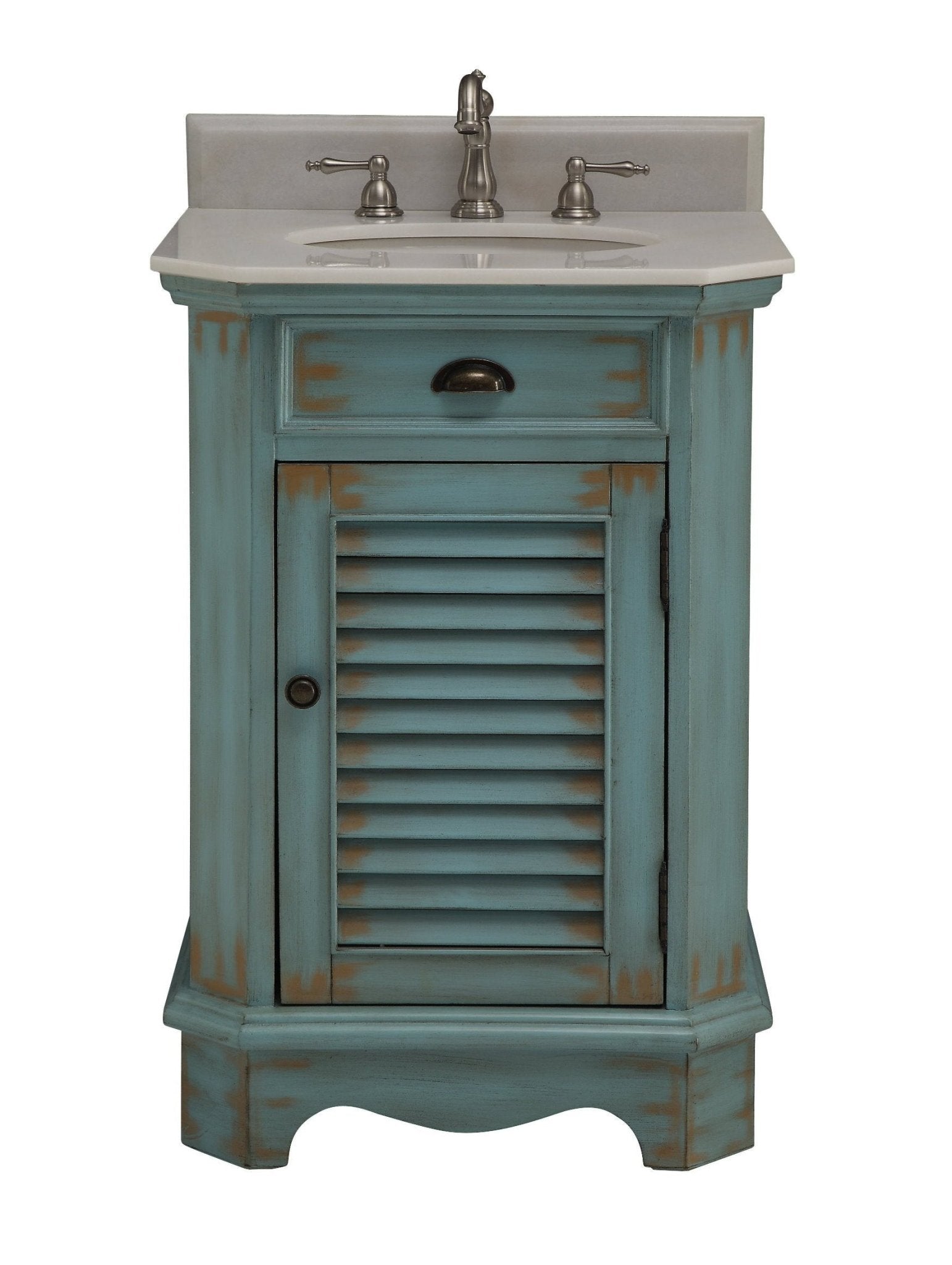 Chans Furniture CF-47523BU 24 inch Farmhouse Style Distressed Blue Bathroom Vanity With Marble Top