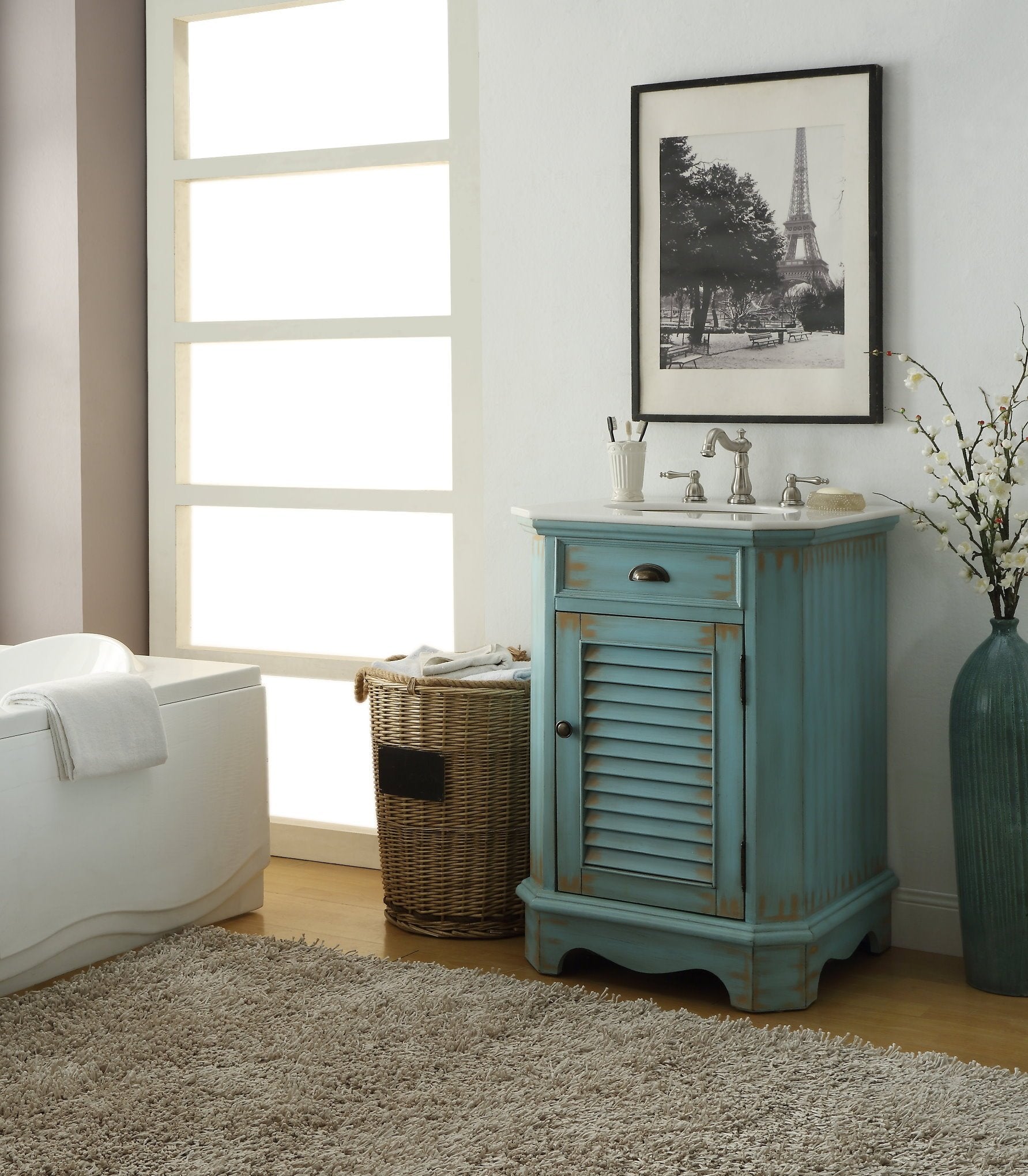 Chans Furniture CF-47523BU 24 inch Farmhouse Style Distressed Blue Bathroom Vanity With Marble Top