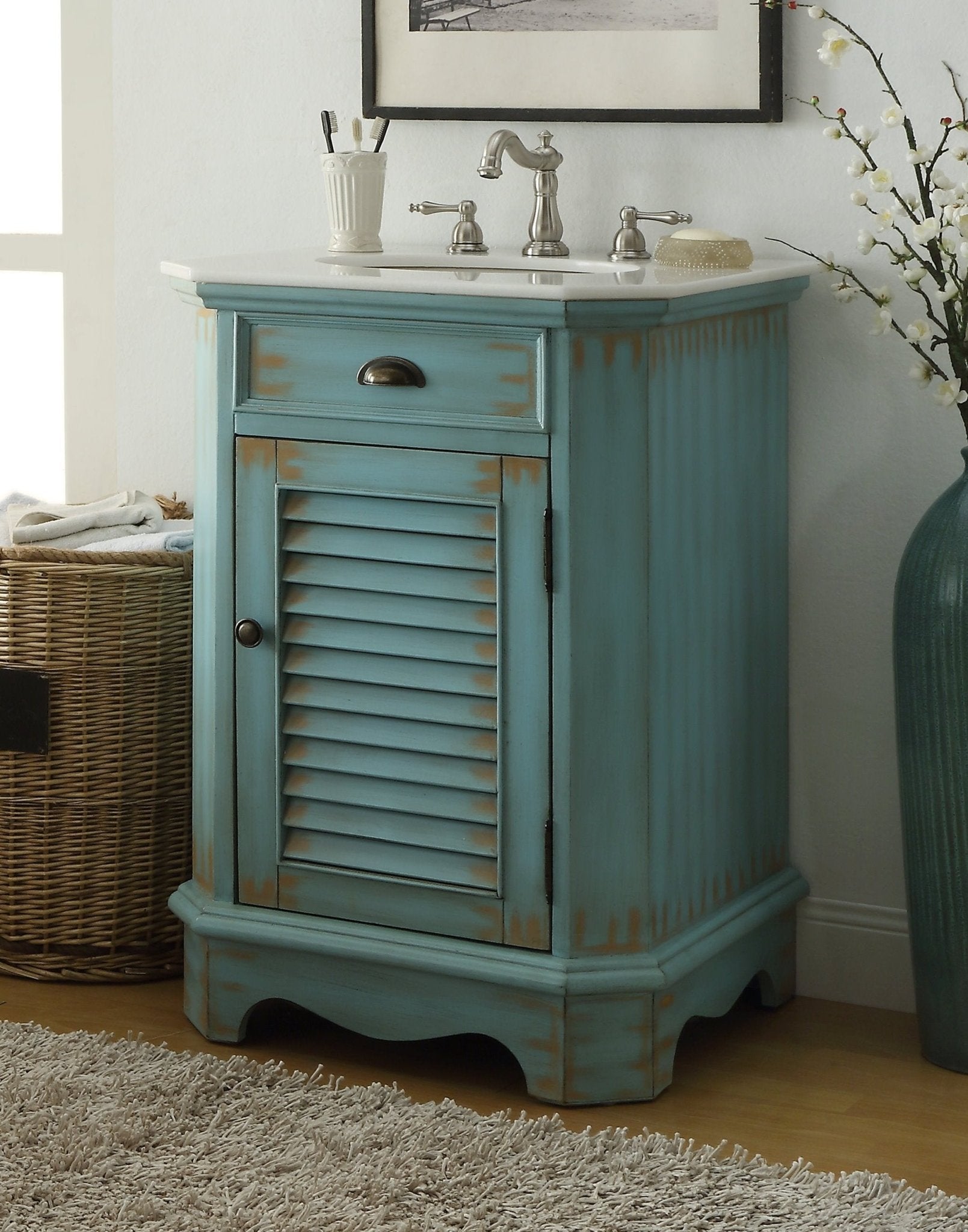 Chans Furniture CF-47523BU 24 inch Farmhouse Style Distressed Blue Bathroom Vanity With Marble Top