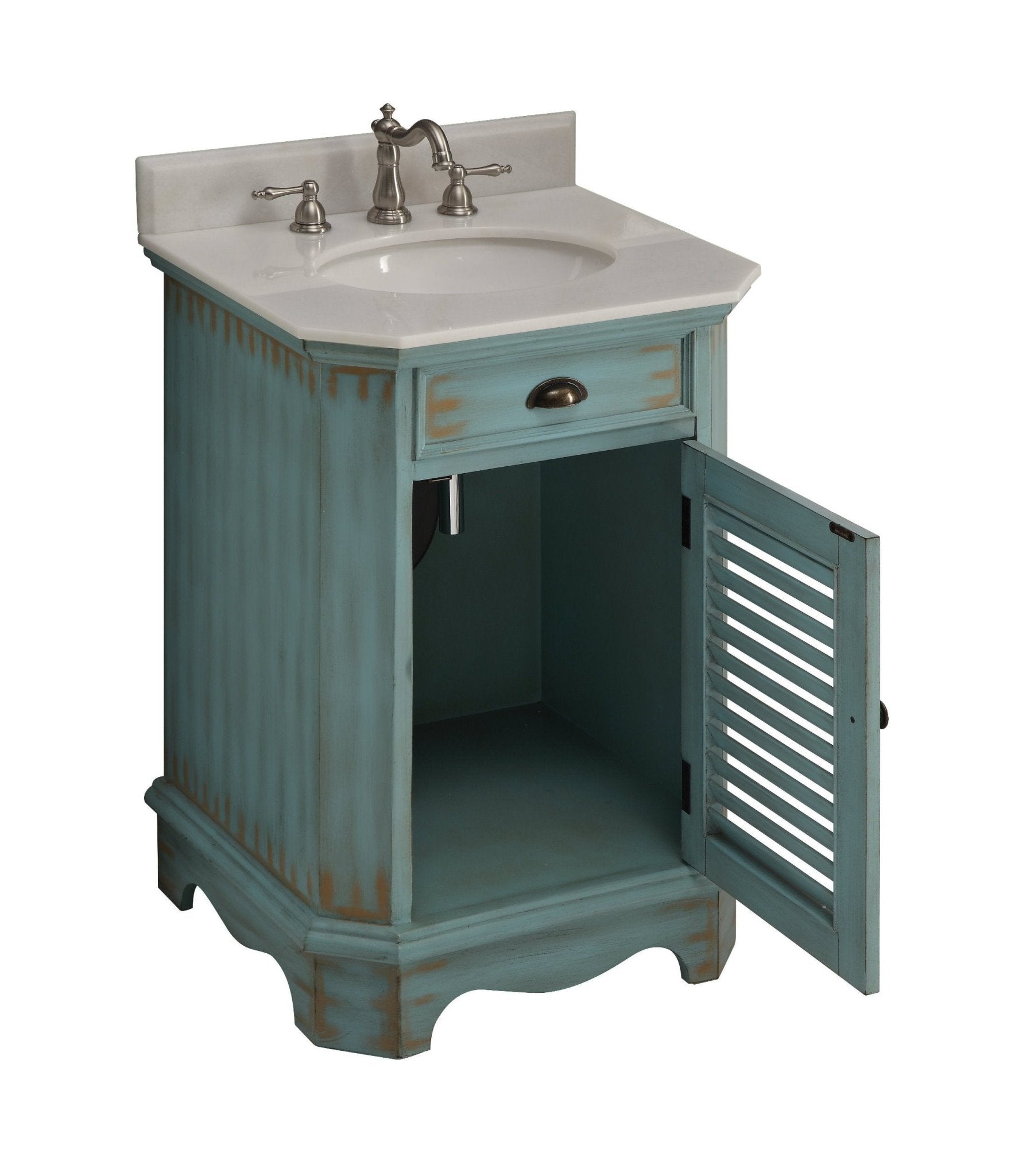 Chans Furniture CF-47523BU 24 inch Farmhouse Style Distressed Blue Bathroom Vanity With Marble Top