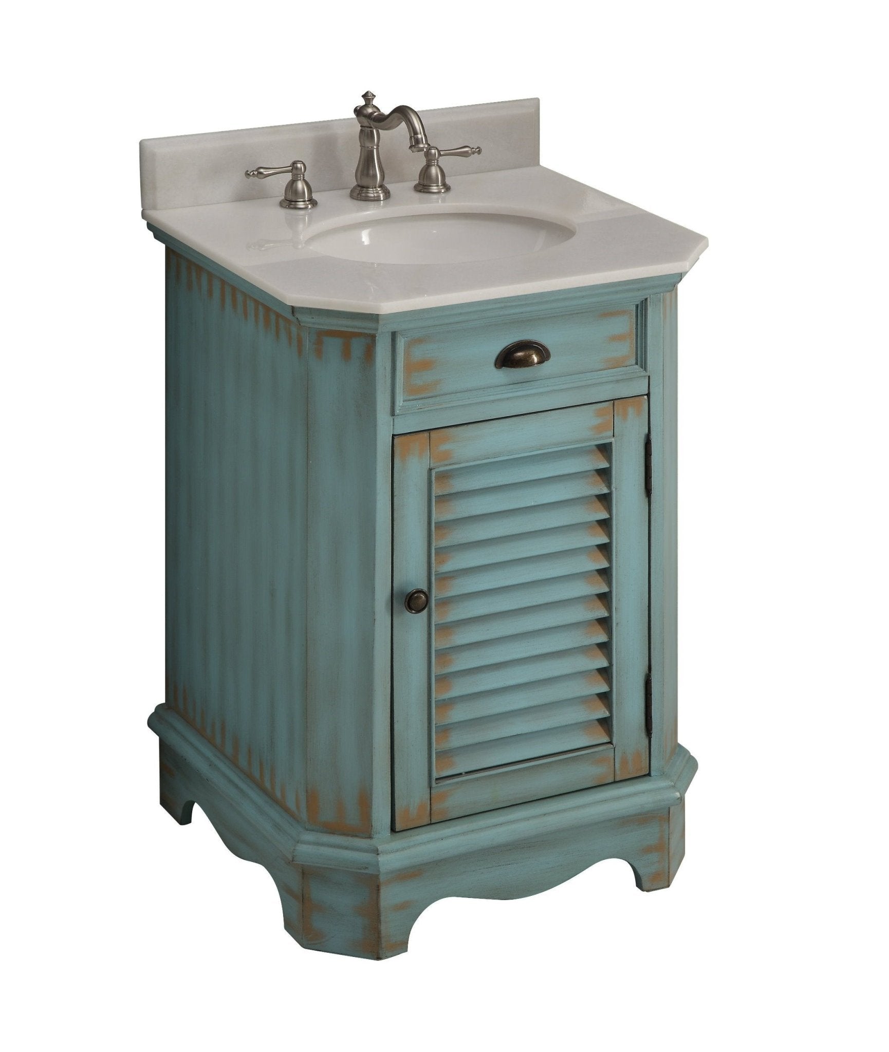 Chans Furniture CF-47523BU 24 inch Farmhouse Style Distressed Blue Bathroom Vanity With Marble Top