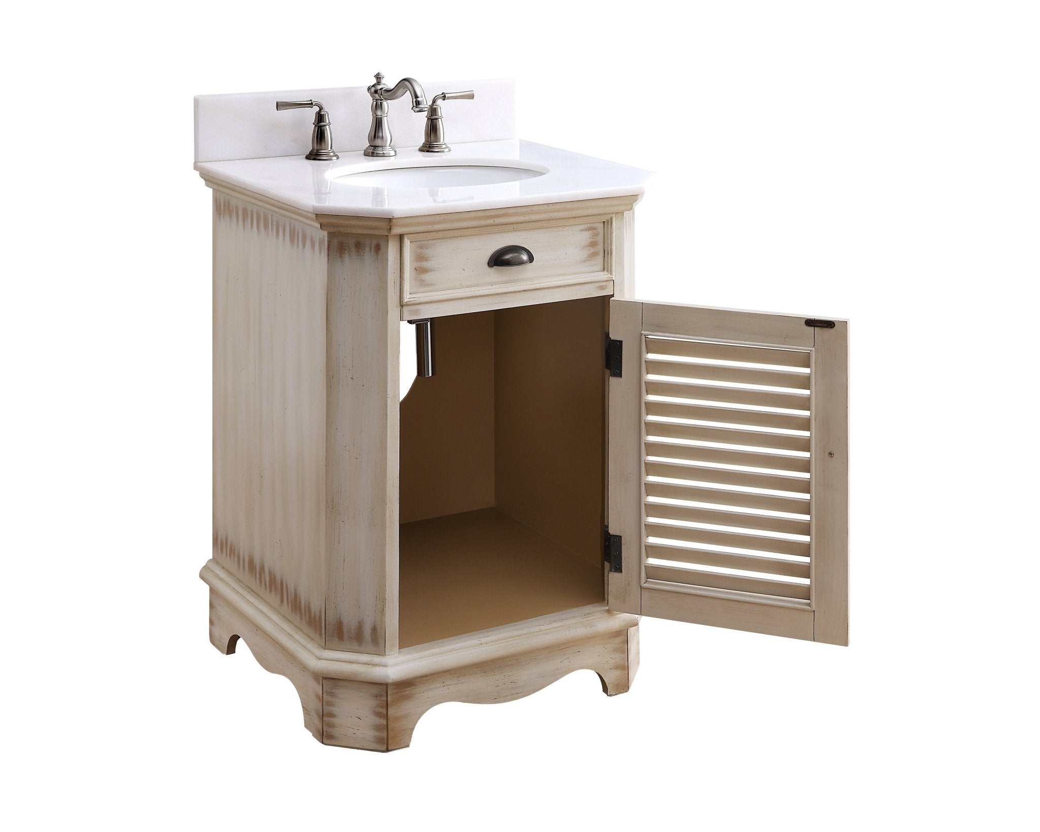 Chans Furniture CF-47523A 24 Inch Farmhouse Style Distressed Beige Bathroom Vanity With Marble Top