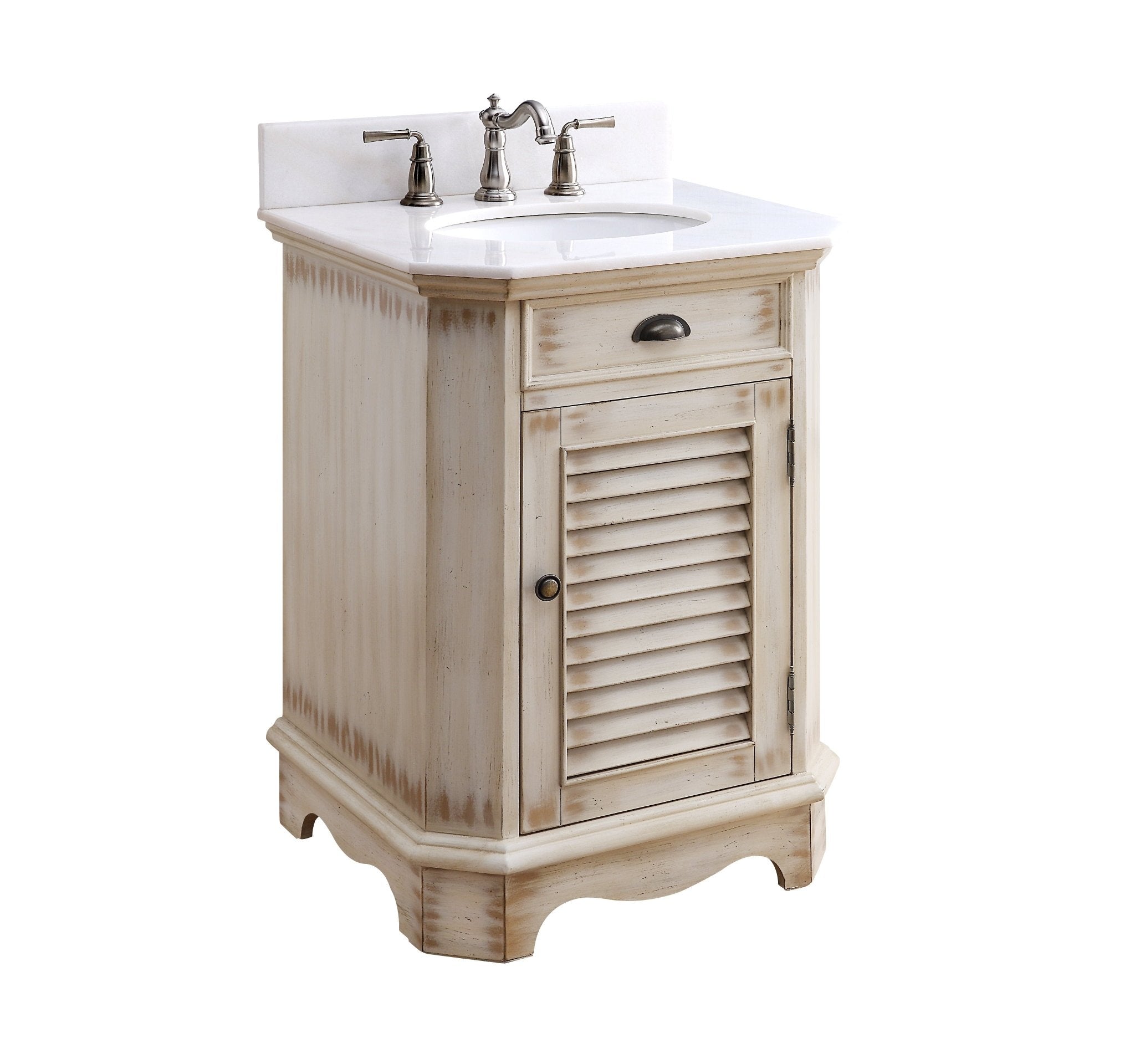 Chans Furniture CF-47523A 24 Inch Farmhouse Style Distressed Beige Bathroom Vanity With Marble Top