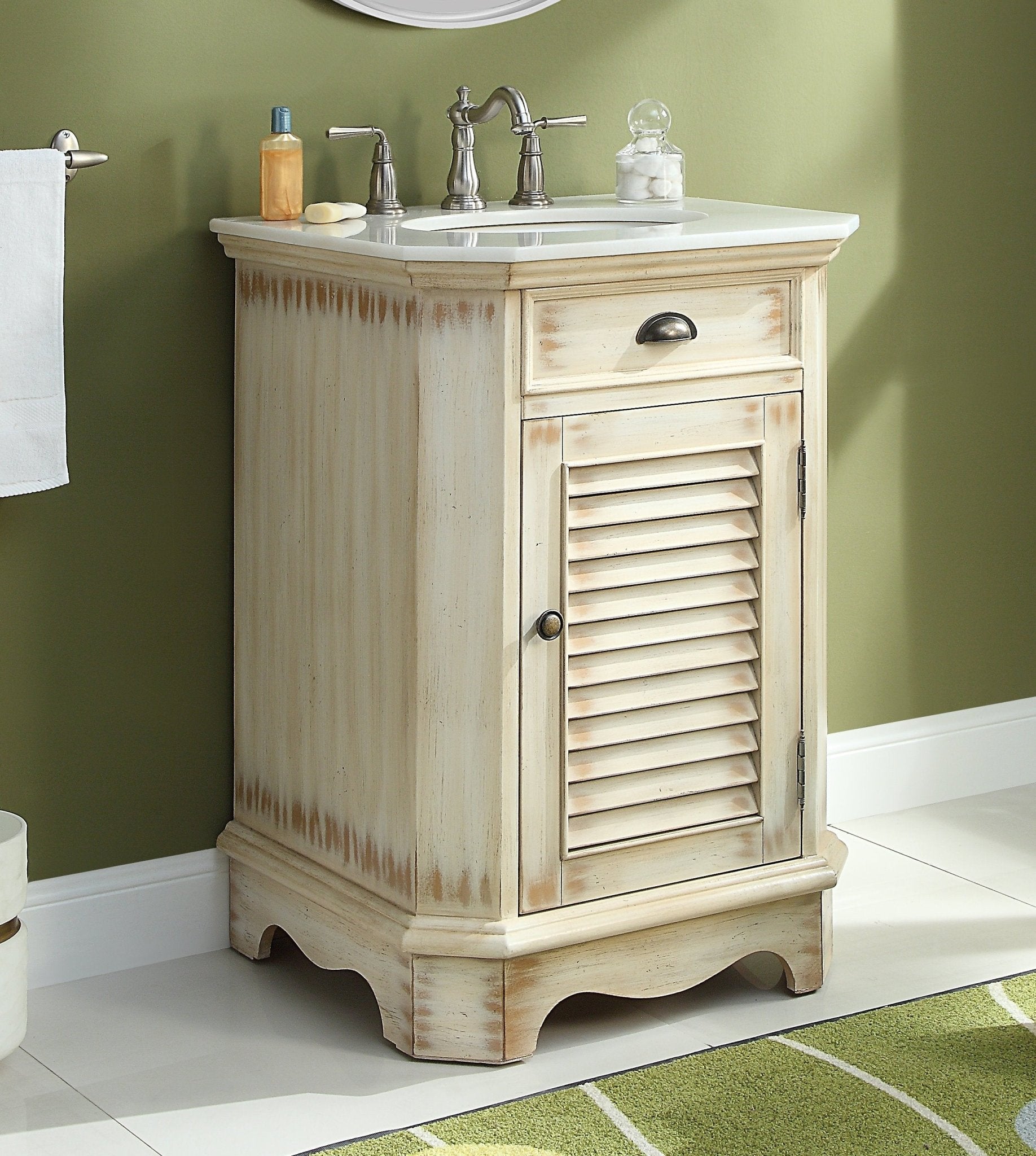 Chans Furniture CF-47523A 24 Inch Farmhouse Style Distressed Beige Bathroom Vanity With Marble Top