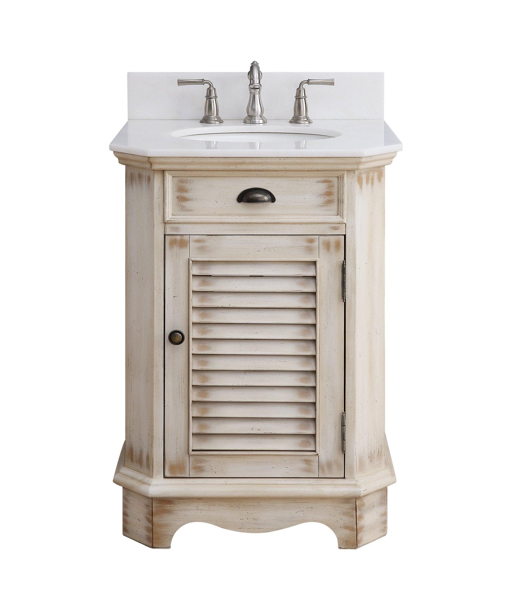 Chans Furniture CF-47523A 24 Inch Farmhouse Style Distressed Beige Bathroom Vanity With Marble Top
