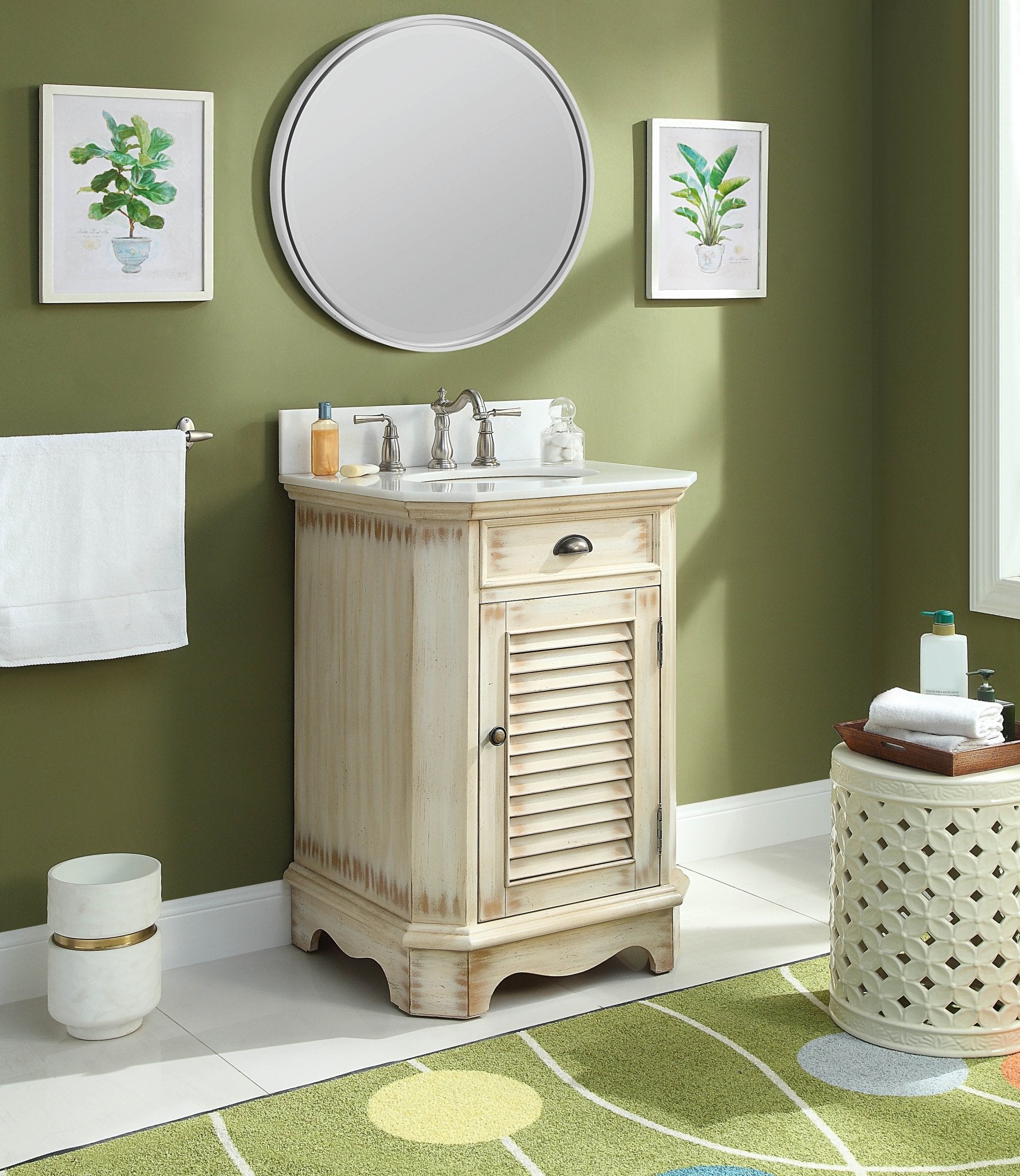 Chans Furniture CF-47523A 24 Inch Farmhouse Style Distressed Beige Bathroom Vanity With Marble Top