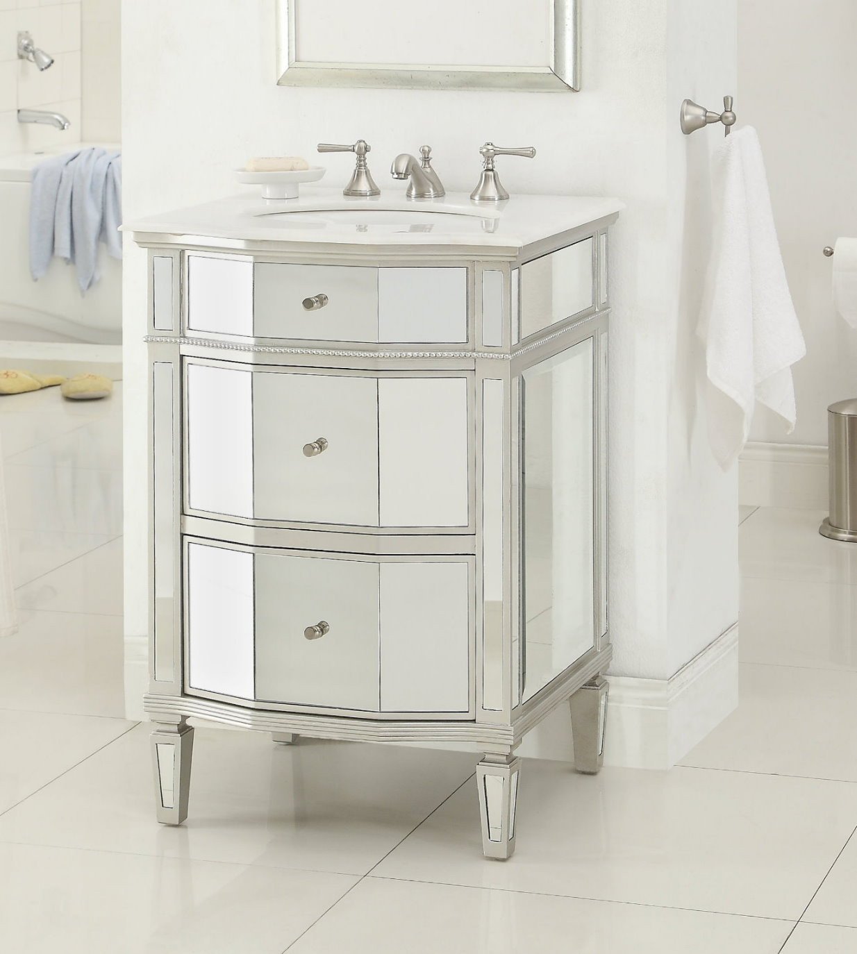 Chans Furniture HF006 24 Inch Ashlie Mirrored Style with Silver Trim Bathroom Sink Vanity