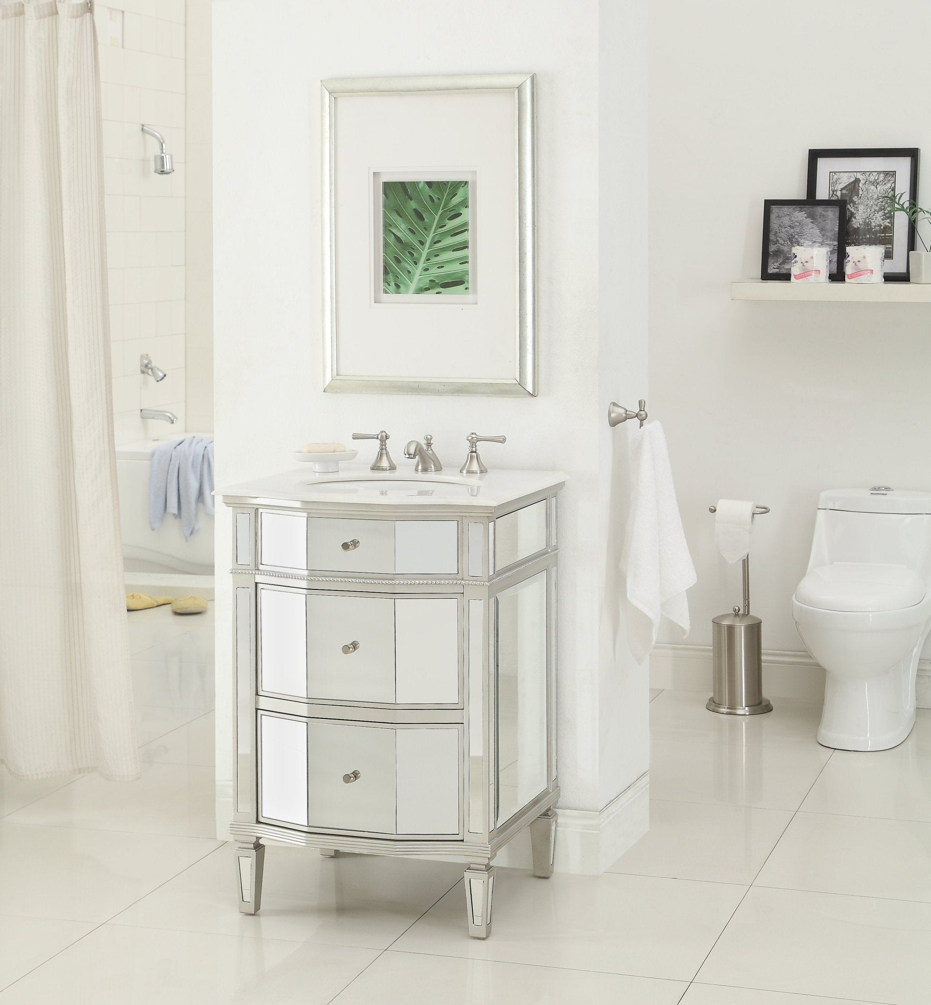 Chans Furniture HF006 24 Inch Ashlie Mirrored Style with Silver Trim Bathroom Sink Vanity