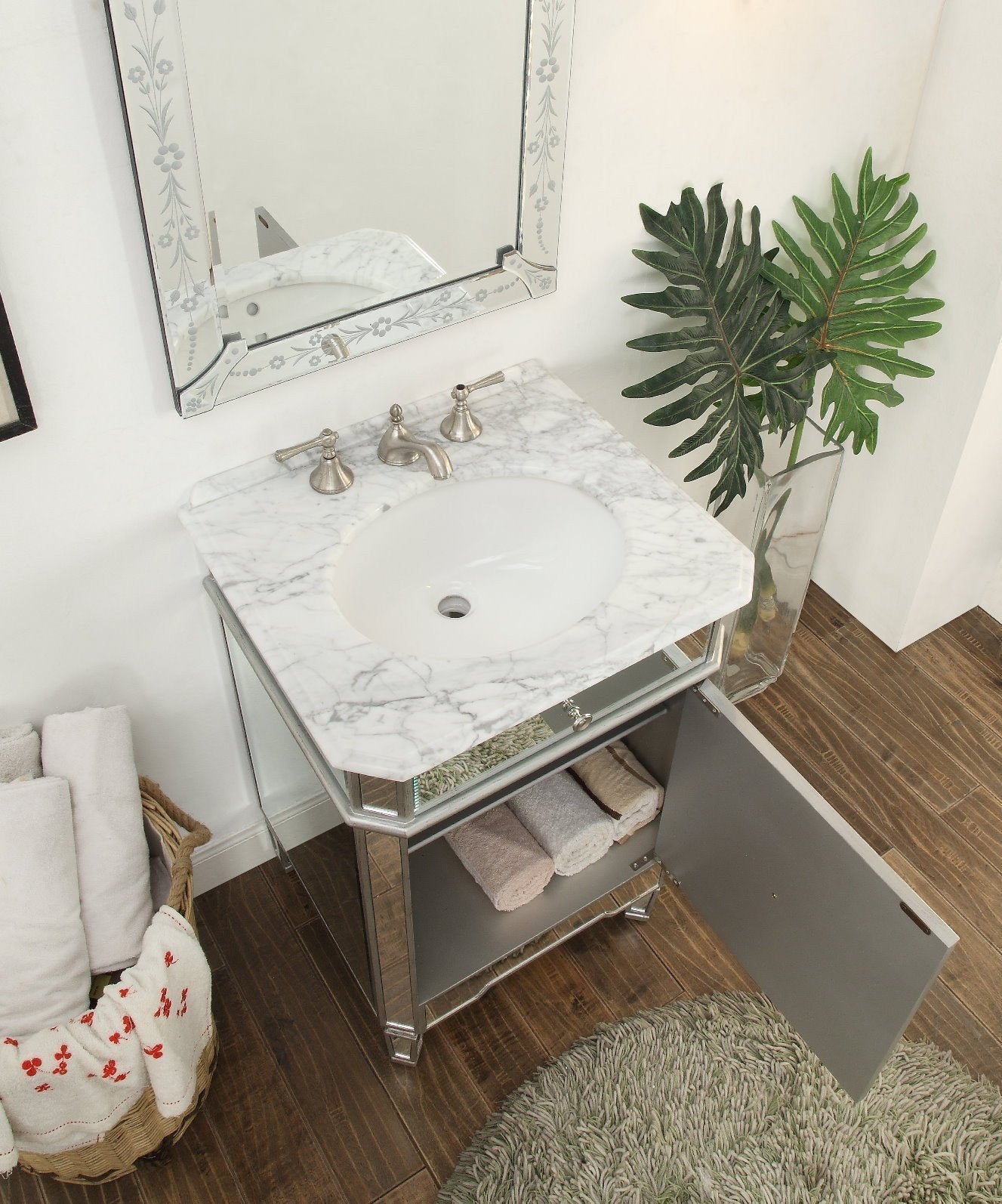 Chans Furniture 5026SC 24 Inch Asger Mirrored Reflection Silver Trim Asger Bathroom Sink Vanity