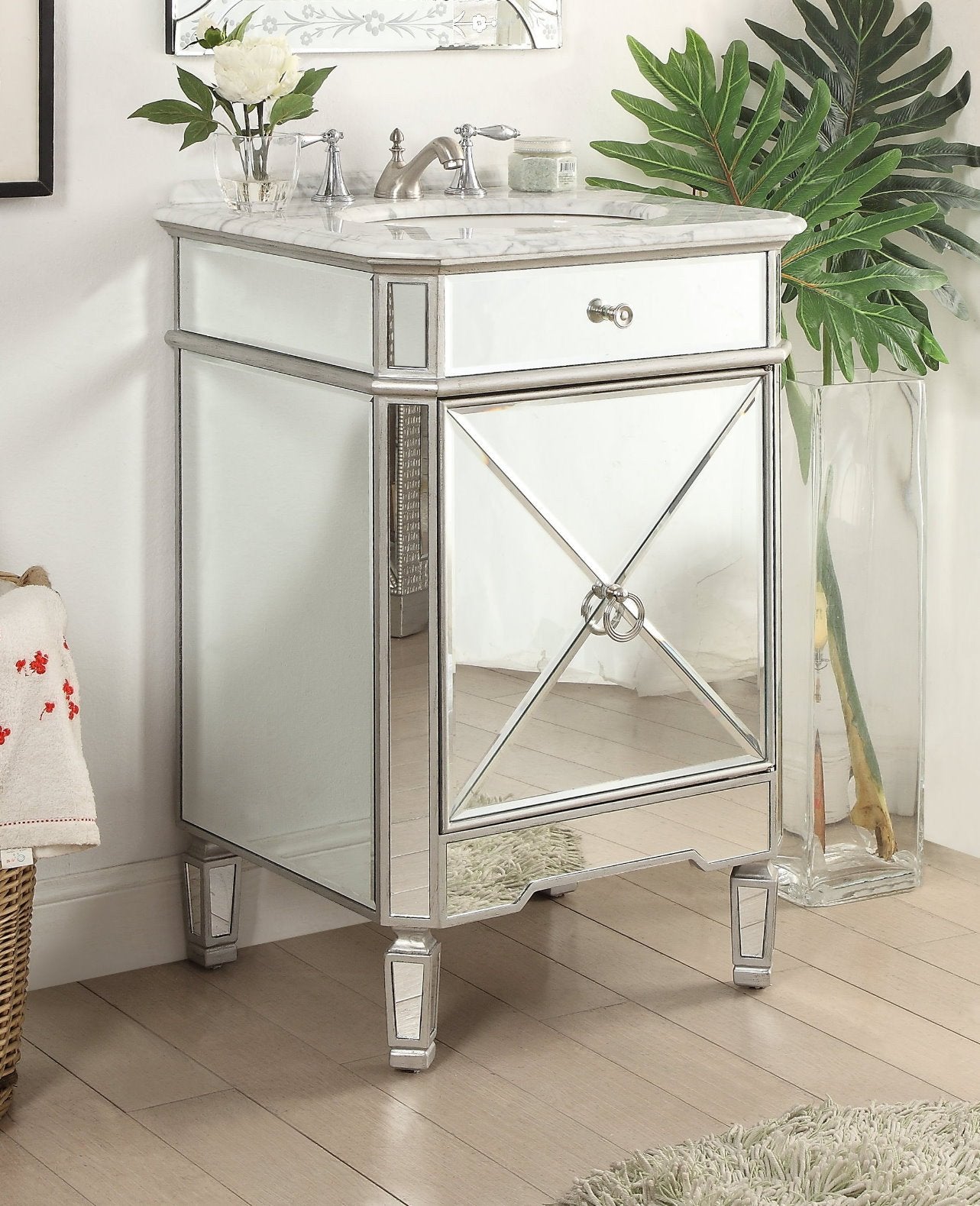 Chans Furniture 5026SC 24 Inch Asger Mirrored Reflection Silver Trim Asger Bathroom Sink Vanity