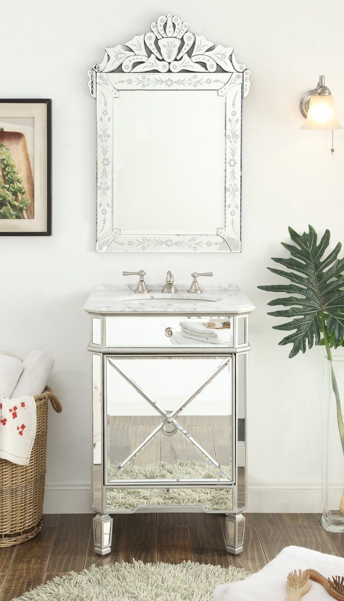 Chans Furniture 5026SC 24 Inch Asger Mirrored Reflection Silver Trim Asger Bathroom Sink Vanity
