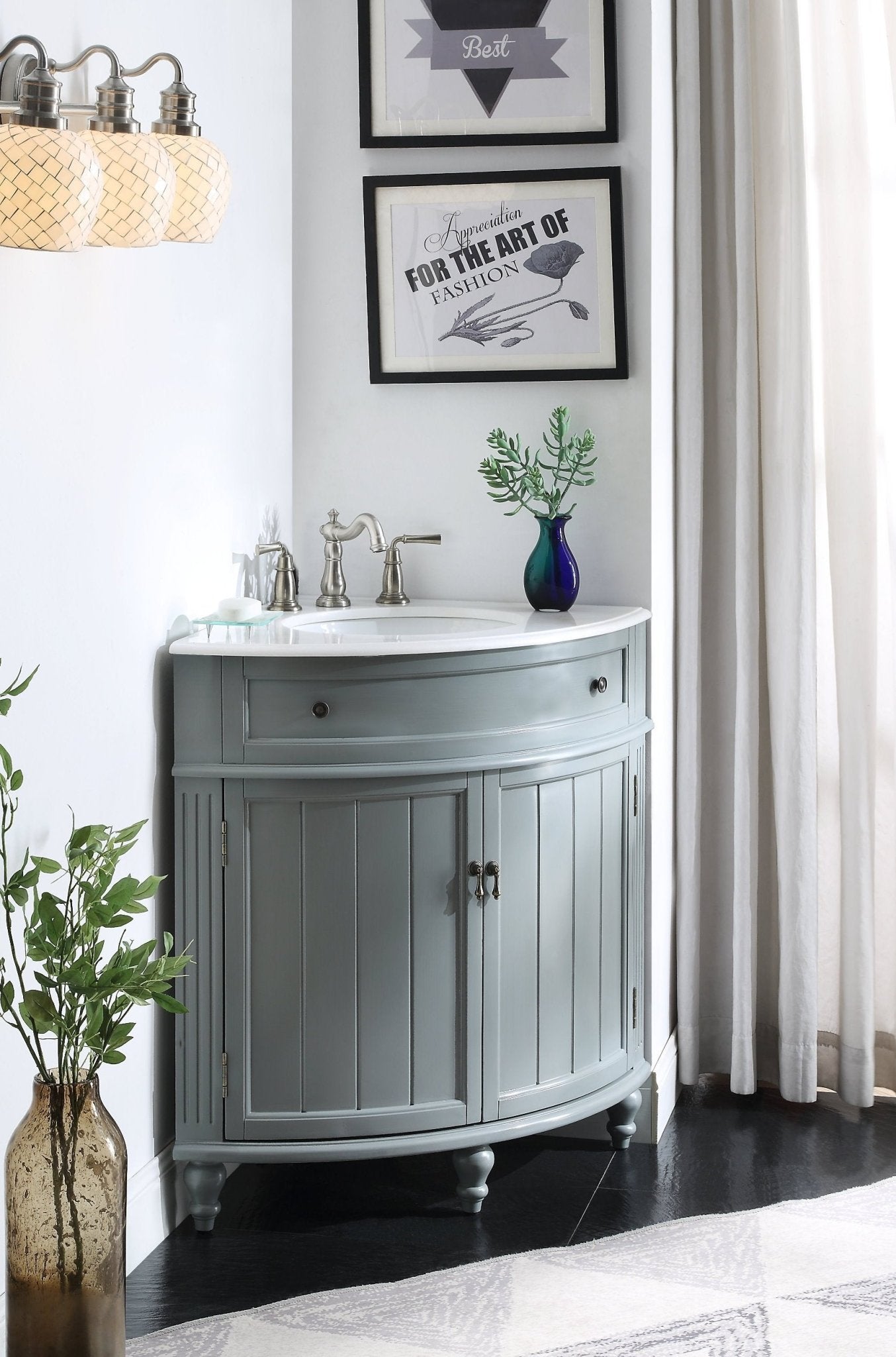 Chans Furniture ZK-47566CK 24 Inch Triadsville Grey Corner Design Bathroom Vanity With Quartz Top