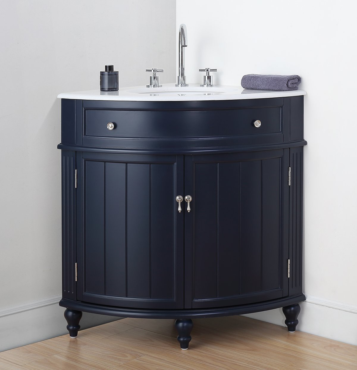 Chans Furniture ZK-47588NB 24 Inch Triadsville Navy Blue Corner Design Bathroom Vanity With Quartz Top