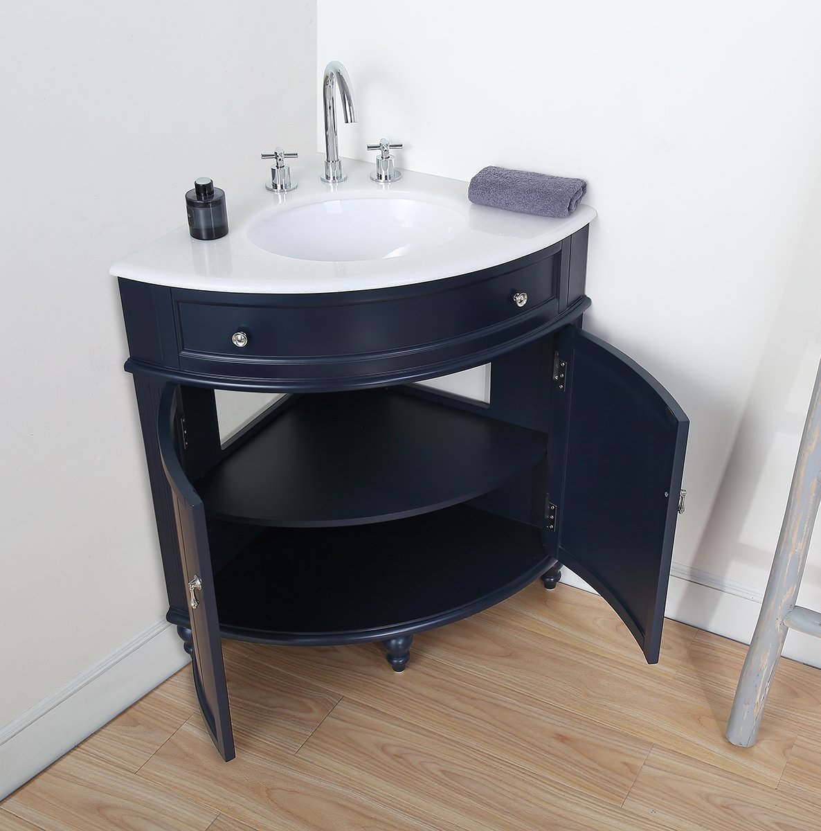 Chans Furniture ZK-47588NB 24 Inch Triadsville Navy Blue Corner Design Bathroom Vanity With Quartz Top