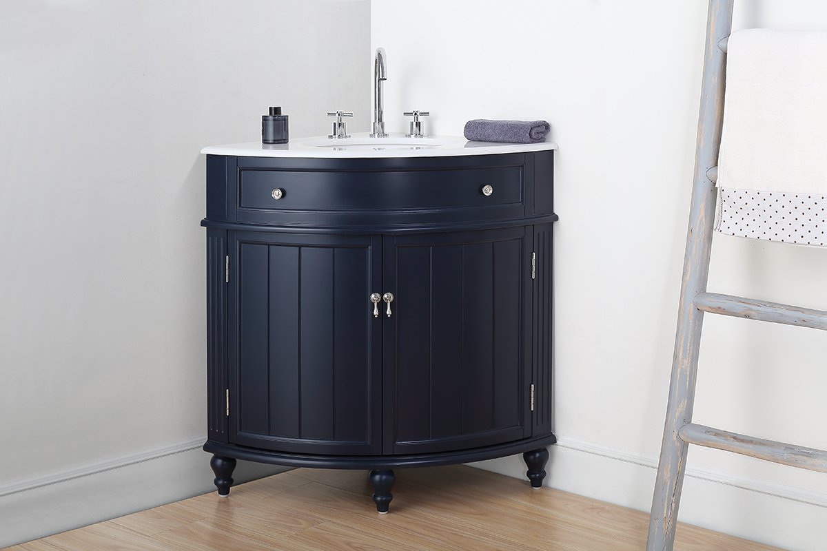 Chans Furniture ZK-47588NB 24 Inch Triadsville Navy Blue Corner Design Bathroom Vanity With Quartz Top