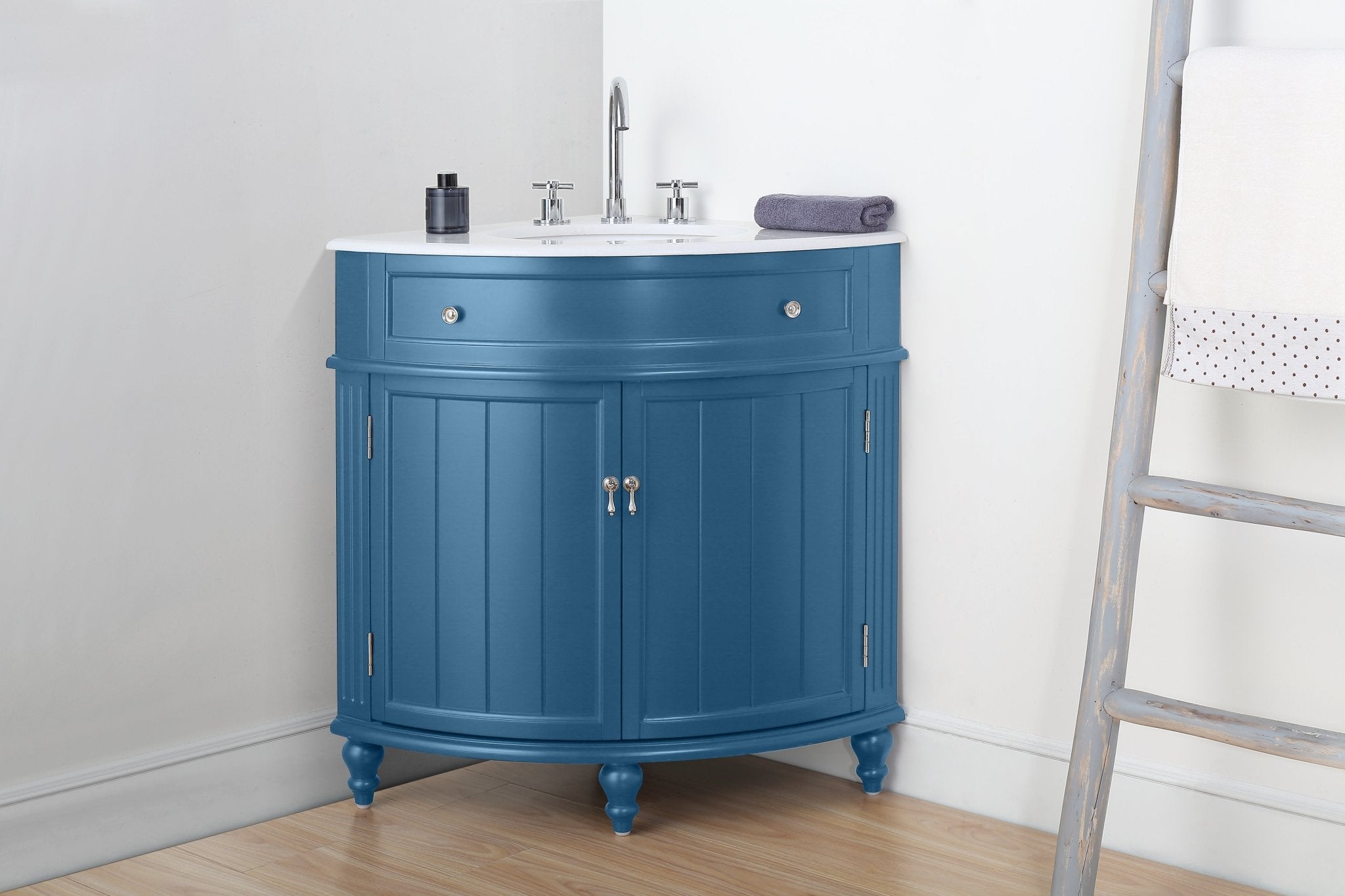 Chans Furniture ZK-47522TB 24 Inch Triadsville Teal Blue Corner Design Bathroom Vanity With Quartz Top