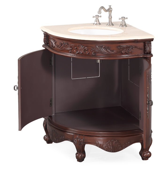 Chans Furniture BC-030M-TK 24 Inch Classic Style Walnut Brown Bayview Cream Marble Countertop Corner Bathroom Sink Vanity