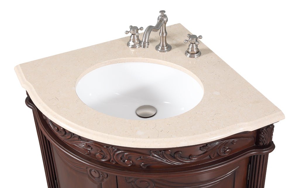 Chans Furniture BC-030M-TK 24 Inch Classic Style Walnut Brown Bayview Cream Marble Countertop Corner Bathroom Sink Vanity