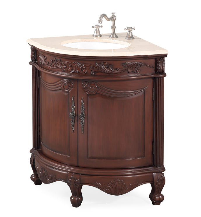 Chans Furniture BC-030M-TK 24 Inch Classic Style Walnut Brown Bayview Cream Marble Countertop Corner Bathroom Sink Vanity