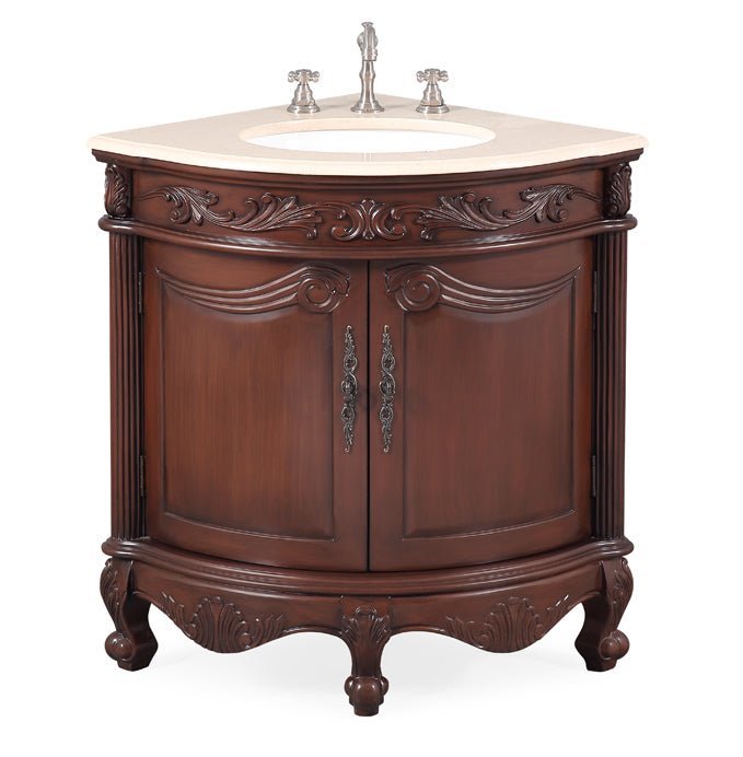 Chans Furniture BC-030M-TK 24 Inch Classic Style Walnut Brown Bayview Cream Marble Countertop Corner Bathroom Sink Vanity