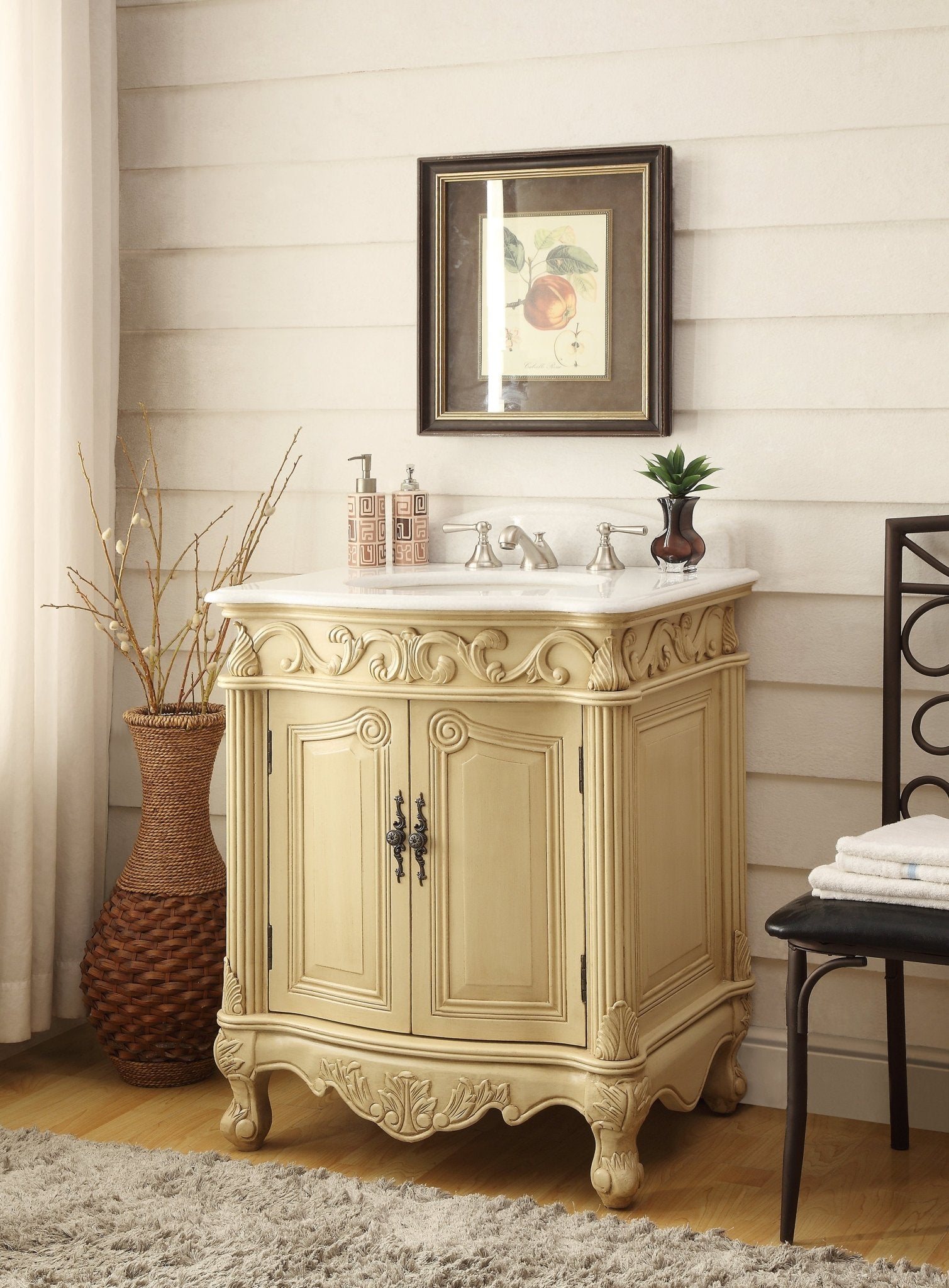 Chans Furniture BC-2917W-LT 27 Hayman Distressed Creamy Beige Classic Style Old Fashioned Bathroom Vanity With White Marble Top