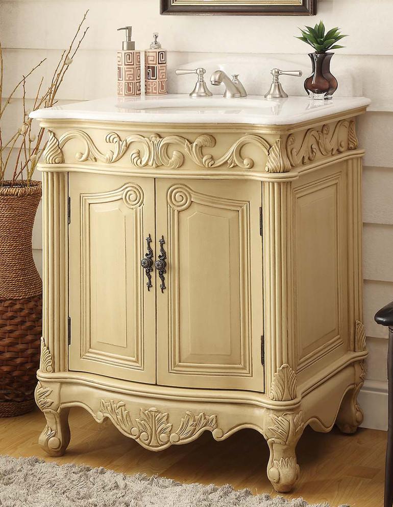 Chans Furniture BC-2917W-LT 27 Hayman Distressed Creamy Beige Classic Style Old Fashioned Bathroom Vanity With White Marble Top