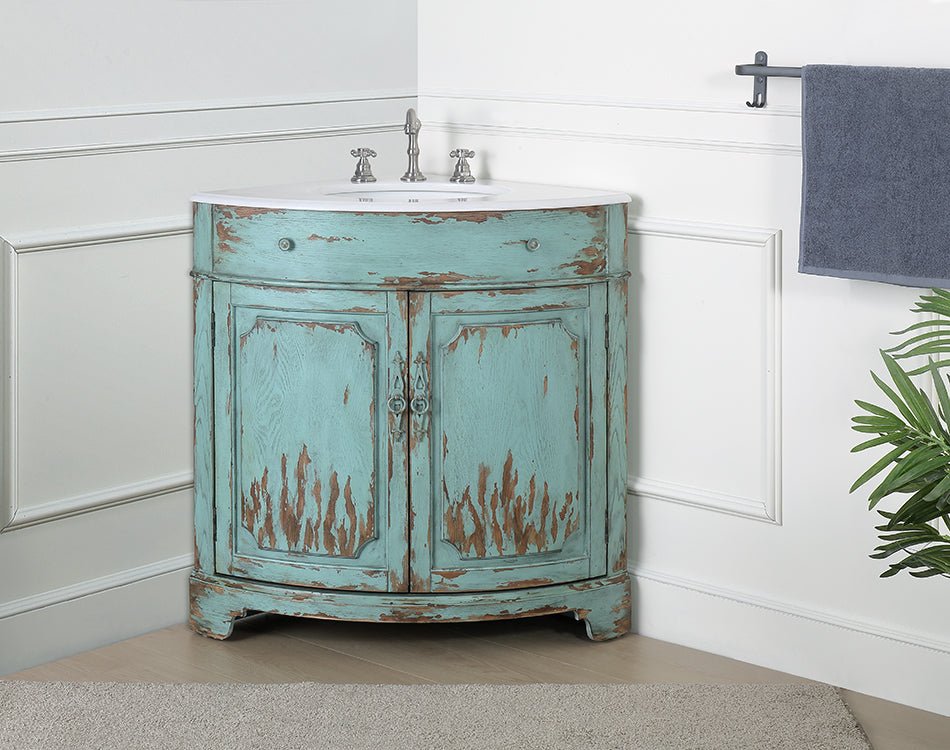 Chans Furniture RX-2302TG-GS 24 Inch Triadsville Freestanding Distressed Light Blue Corner Bathroom Sink Vanity