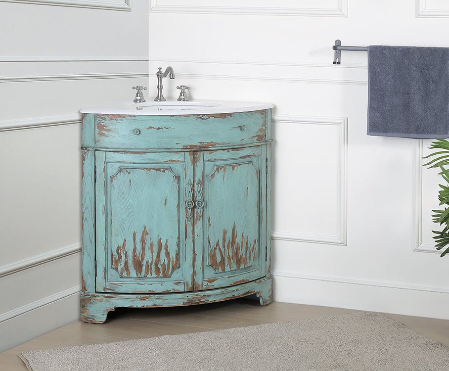 Chans Furniture RX-2302TG-GS 24 Inch Triadsville Freestanding Distressed Light Blue Corner Bathroom Sink Vanity