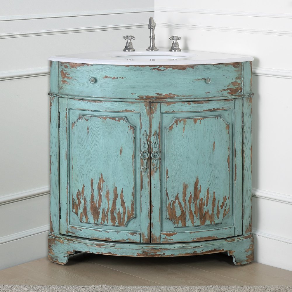 Chans Furniture RX-2302TG-GS 24 Inch Triadsville Freestanding Distressed Light Blue Corner Bathroom Sink Vanity