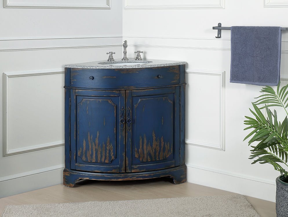 Chans Furniture RX-2388NB-GS 24 Inch Triadsville Freestanding Distressed Navy Blue Corner Bathroom Sink Vanity