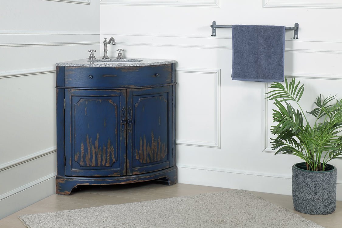 Chans Furniture RX-2388NB-GS 24 Inch Triadsville Freestanding Distressed Navy Blue Corner Bathroom Sink Vanity