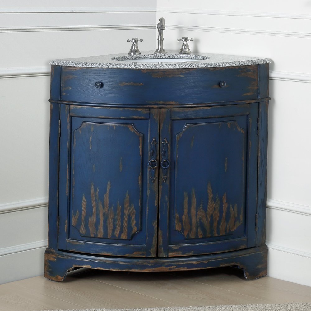 Chans Furniture RX-2388NB-GS 24 Inch Triadsville Freestanding Distressed Navy Blue Corner Bathroom Sink Vanity