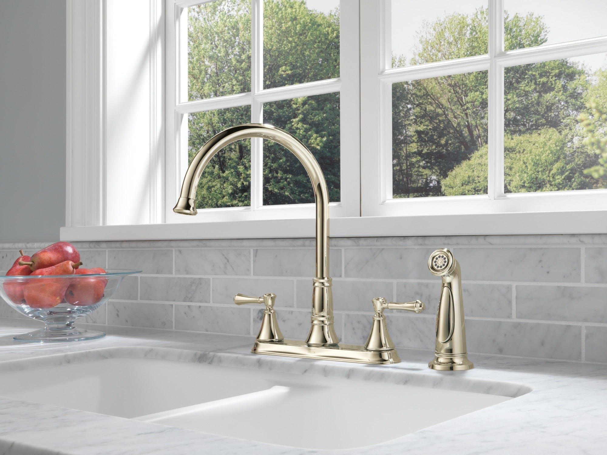 Delta Cassidy® Two Handle Kitchen Faucet with Spray