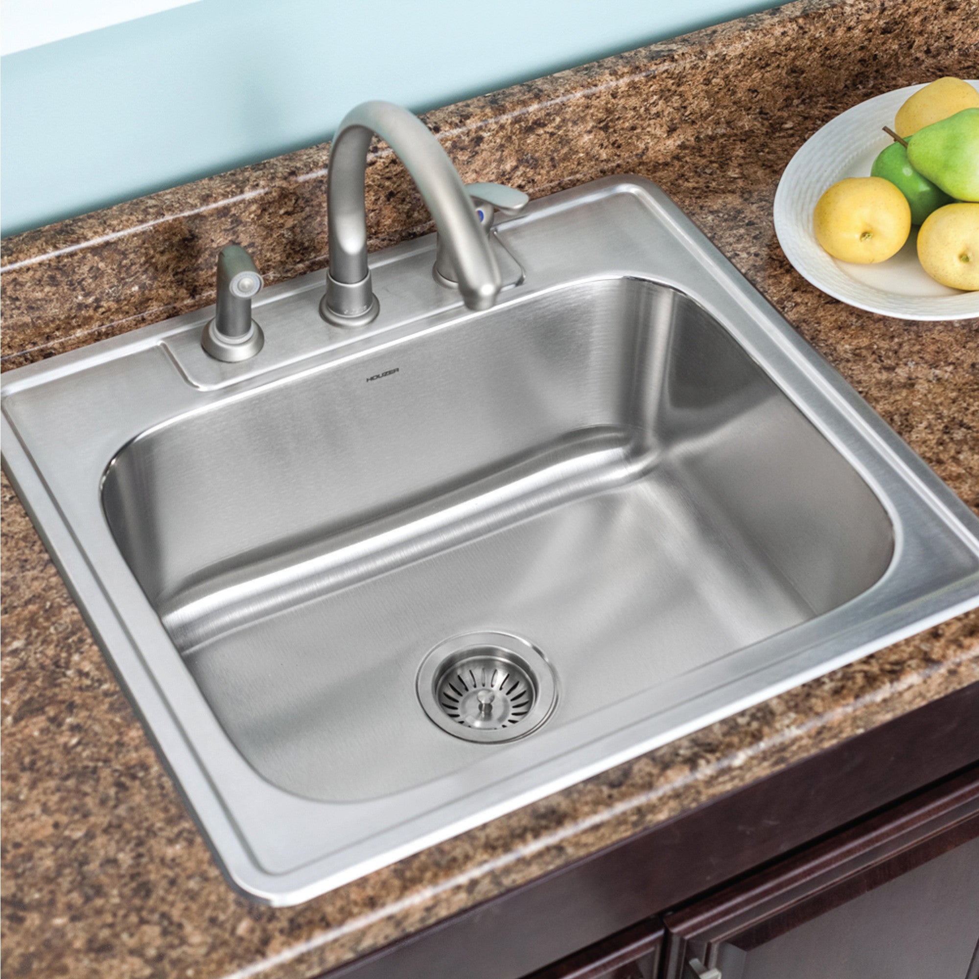 Houzer Glowtone 25 inch Stainless Steel Drop-in Topmount 3-hole Single Bowl 9 inch Deep Kitchen Sink - 2522-9BS3