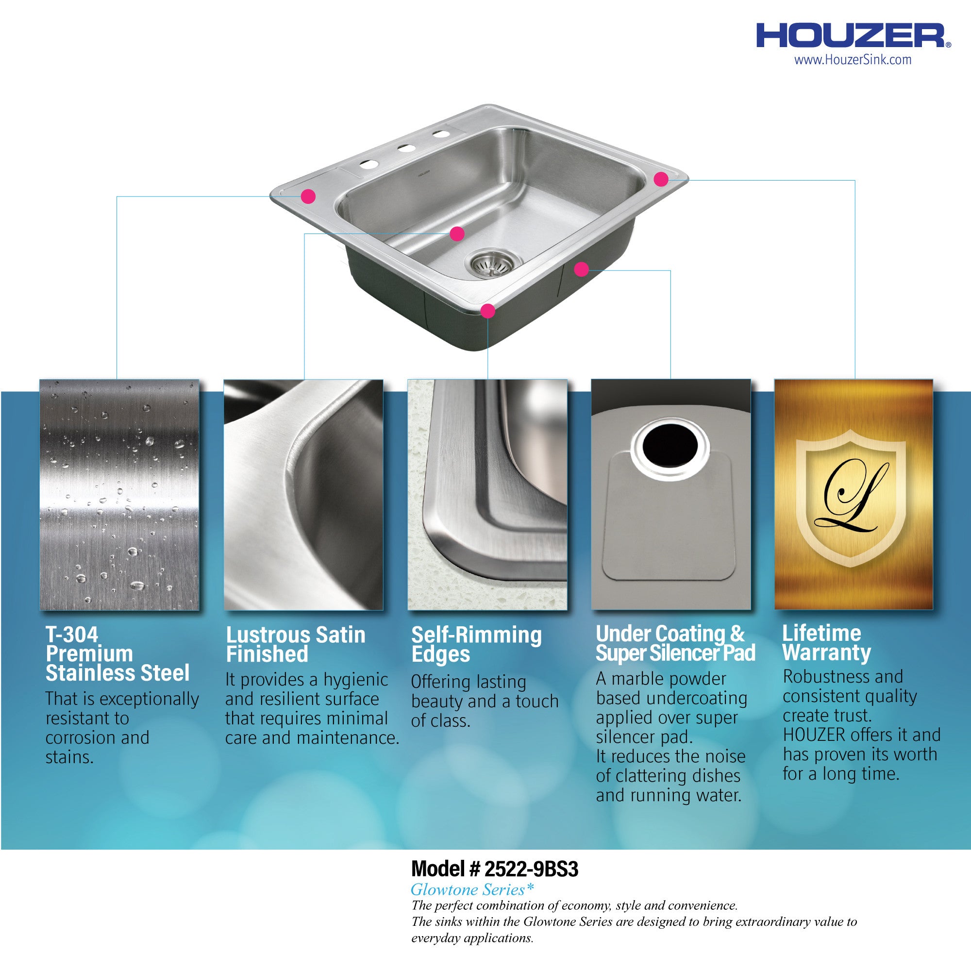 Houzer Glowtone 25 inch Stainless Steel Drop-in Topmount 3-hole Single Bowl 9 inch Deep Kitchen Sink - 2522-9BS3